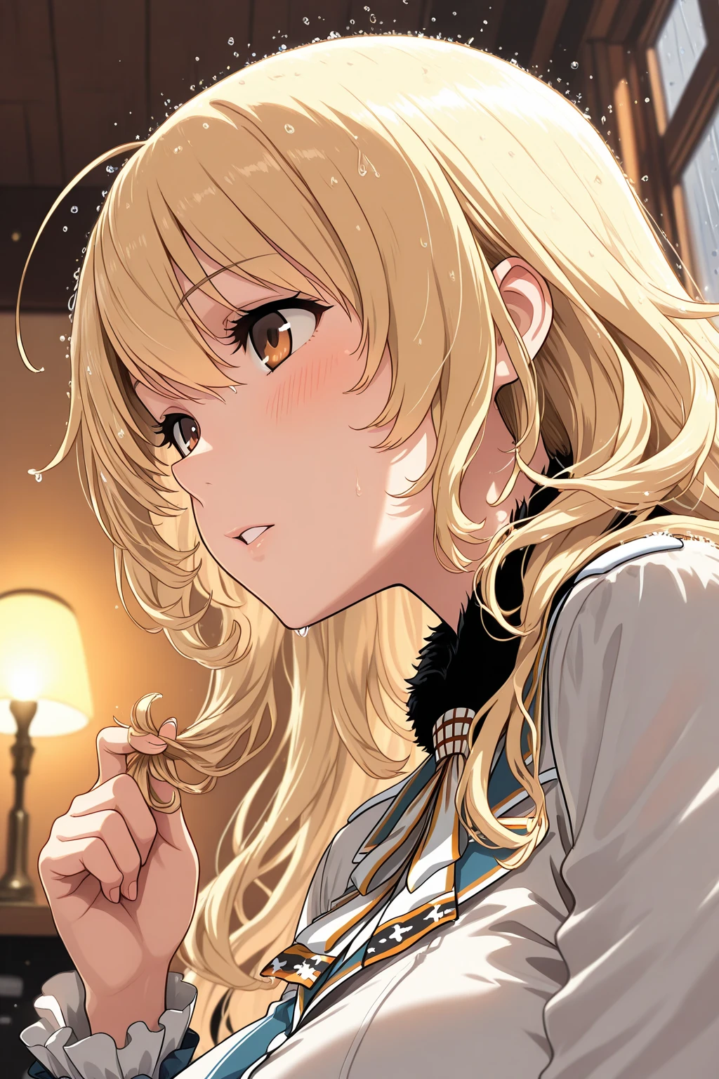 masterpiece, best quality, highres, blonde hair, long hair, curly hair, drill hair, blue hairband, sweater dress, ribbed sweater, golden corners, bracelet, jewellery, black pantyhose, adult, large breasts, white background, shy, sitting sideways 