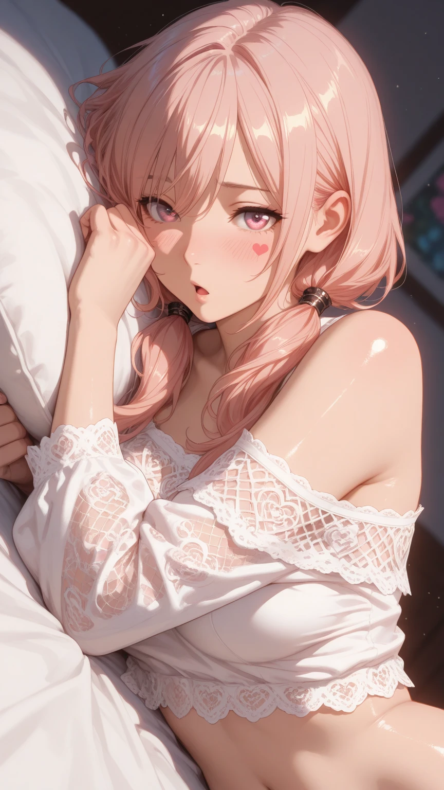 Cute face like a 16-year-old idol　Wearing pink pajamas　Sleeping with a high fever　Sweating on the face and chest　Medium Bust　Cleavage　I have a high fever、'Lying in bed and sleeping.　In a dark room　Natural light　whole body　whole bodyポートレート　RAW Photos　Indistinguishable from live-action　Genuine　Real Stick　realism　Artistic Expression　Highly artistic　masterpiece　High resolution　RAW Photos