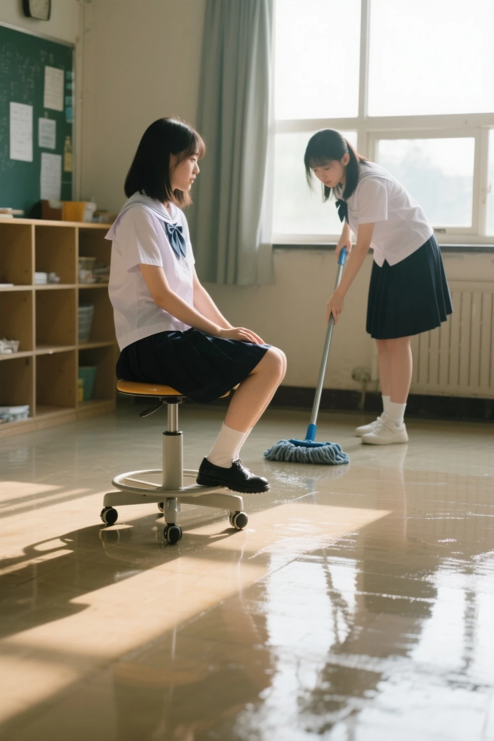 arafed woman sweeping the floor in a school hallway, high school, sweeping, clean detailed, super clean, miranda meeks, katey truhn, puttin, rachel wall, clean, alana fletcher, crisp and sharp, maintenance, clean line, jenna barton, b - roll, clean composition, nice composition, very clean, majestic sweeping action, perfect detail, arafed woman in a skirt sweeping the floor with a broom, sweeping, with a walking cane, clean detailed, clean post process, in a hotel hallway, extremely clean, vacuum, clean, very clean, kneeling at the shiny floor, bottom angle, shot on 85mm, clean image, student, majestic sweeping action, shot on 1 5 0 mm 