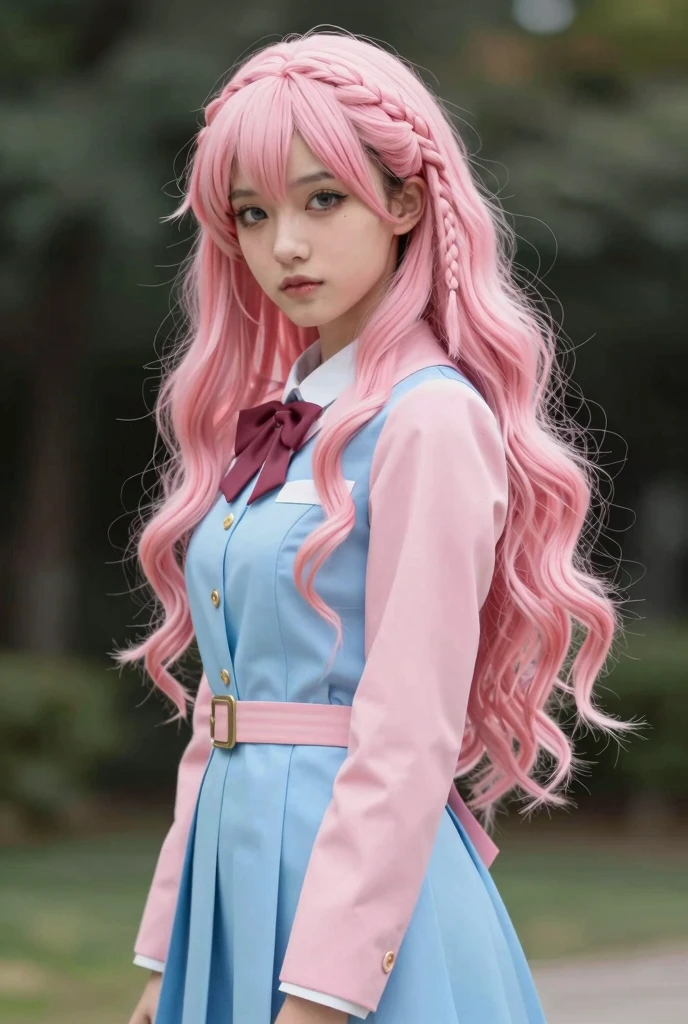 Screenshot of my hero academia.
Girl with long wavy white hair and pink bottom.
She has pastel pink eyes and has a happy expression. He is wearing the UA uniform and in the background he has a UA school class
