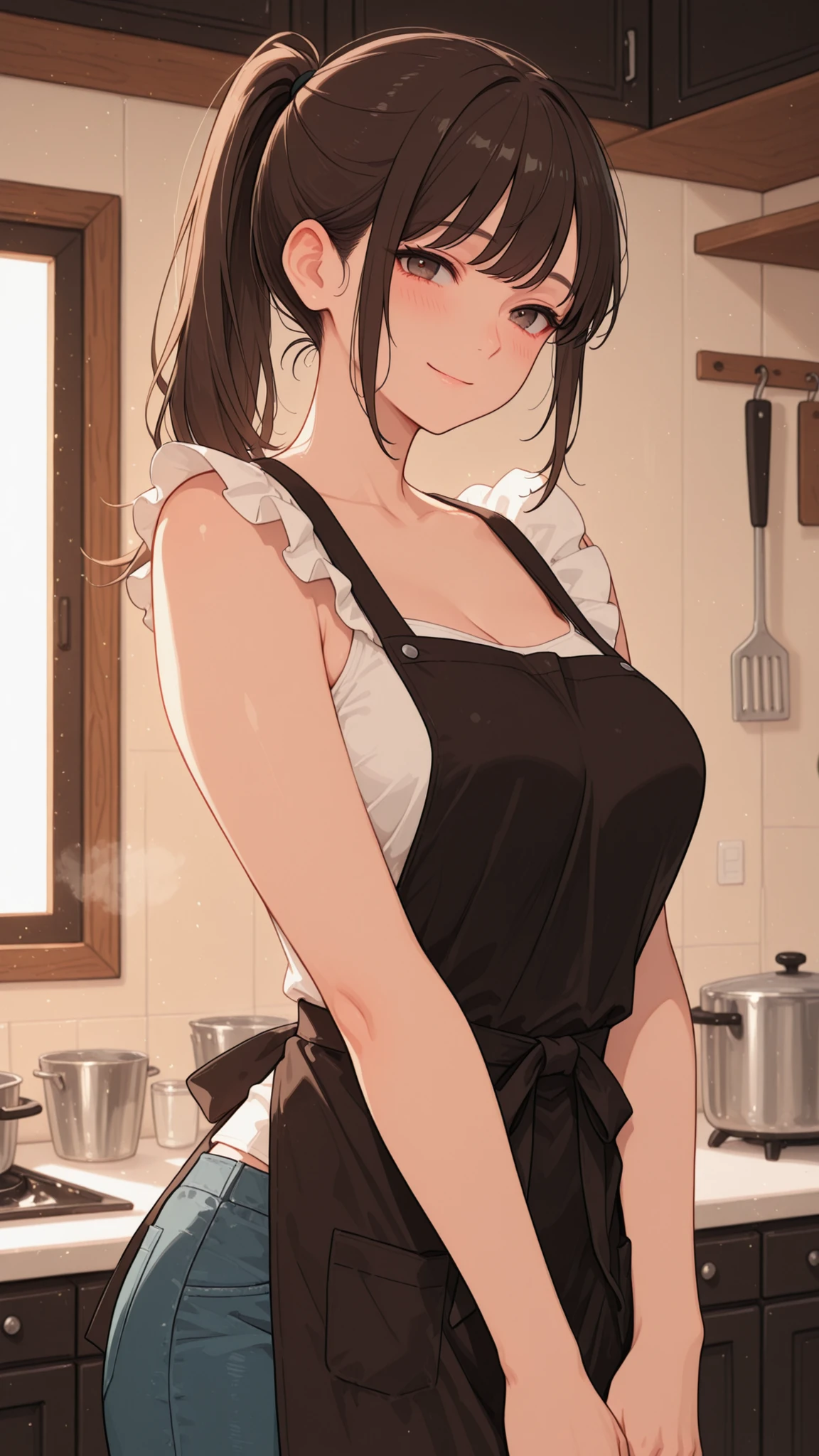 (Masterpiece、Highest quality、Very detailed、4K)、One Woman、17 years old、Sideboob、Cleavage、arm、shoulder、Big Breasts、Thighs、Apron only、stand、front