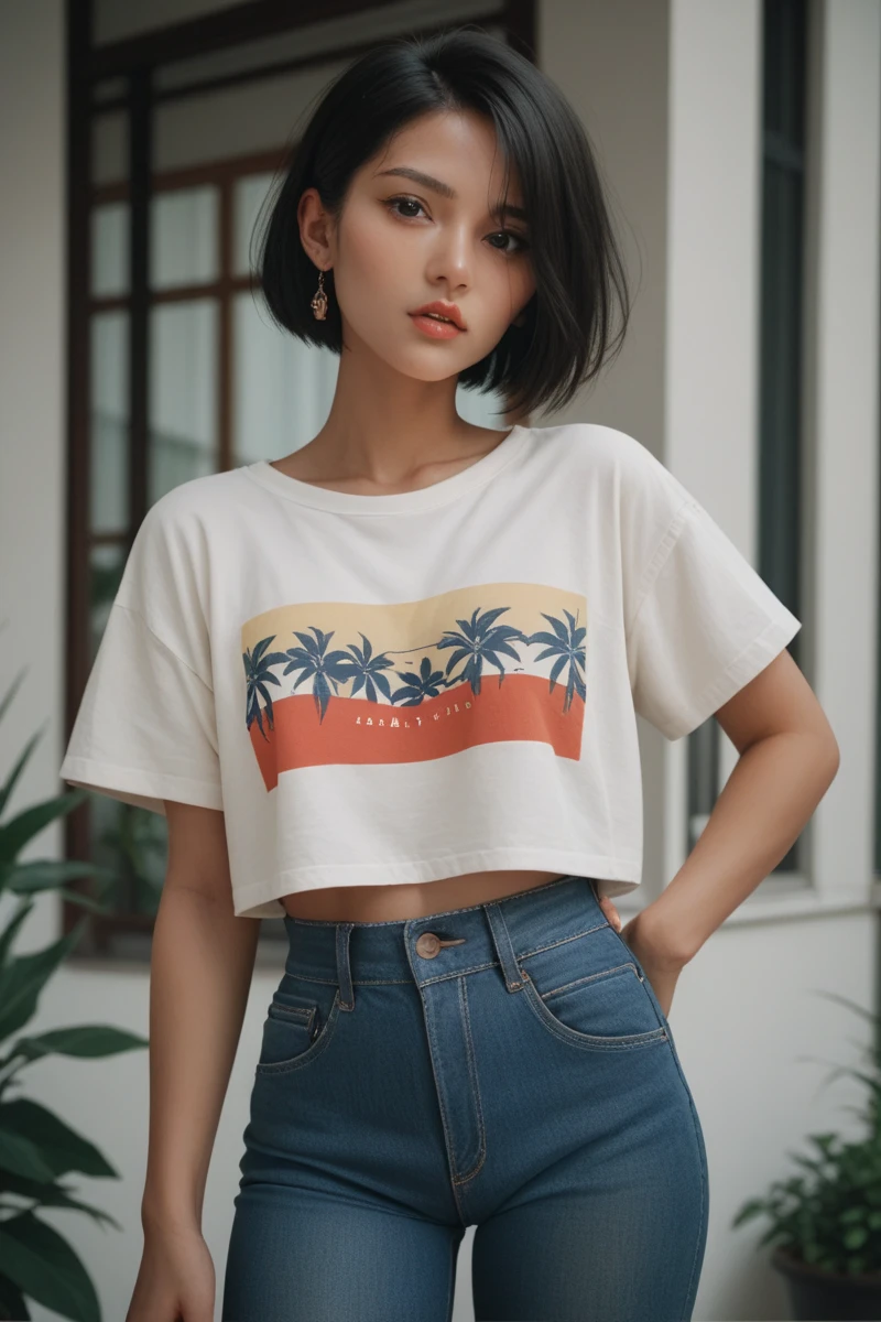 ((medium 8k photography)) ((best 8k quality)) ((masterpiece)), (ultra detailed face), (perfect beautiful face),(perfect nose),(perfect eyes),(perfect lips) ,(perfect hair) 25 yo cute korean, (perfect face), 35mm film,((black bob hairstyles)) (((blank white oversize untucked ttshirt))), (peach color tennis skirt) ,white shock, white Reebok sneakers, polaroid film, retro,90's,80's, photo noise, old photo, retro, masterpiece, raw photo, 8k film photo, old, noisy photo, loooking of the camera, casual photo, grain photo, VHS footage, VHS look, chromatic aberration( low chromatic aberration), film footage, grainy photo, dirty photo, posing, retro photo, vintage photo, old, background standing pose on ((80's architecture colorful motel)) ,palm trees, blue sky, summer, los angles vibes