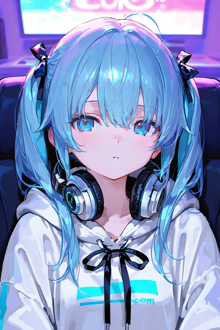 (1 girl, solo), indoor girl, girl wearing a blue hoodie, petite body, ice blue hair, ponytail, princess curls,  shoulders, wearing headphones, shorts, girl listening to music, cute and playful girl, blue eyes, vibrant atmosphere, mouth open, (close-up shot), (masterpiece, best quality, high-resolution, beautiful face, 8K illustrations, detailed background), indoor lighting, Edge light, sparkling, volume light, light particles, warm light, modern, perspective, fashionable, isometric design, symmetrical portrait, (side view: 1.2), (2.5D), with crystal clear sweat on the face, posing, (surprised expression)