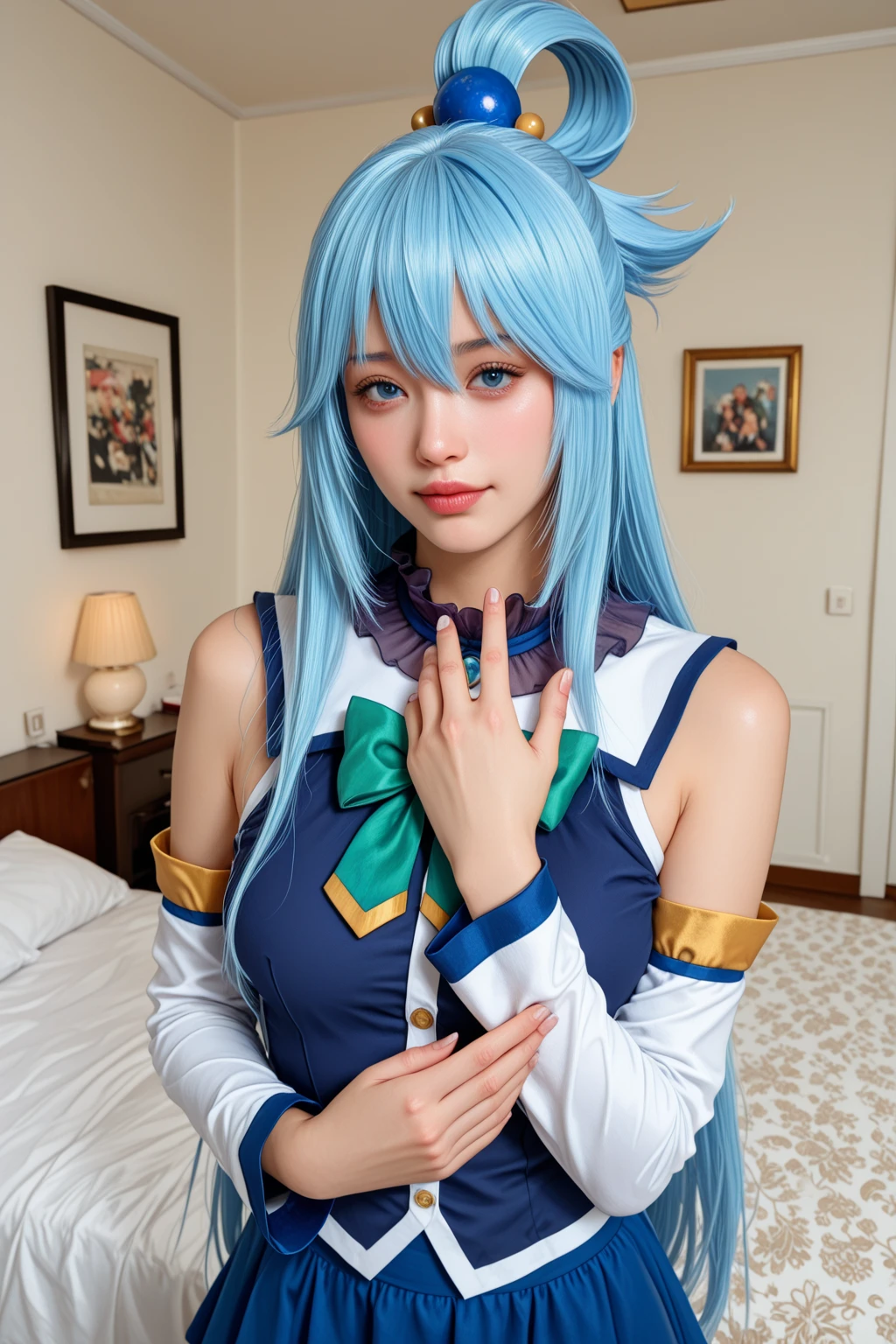 (Highest quality:1.3), (masterpiece:1.4),(Anatomically correct), (Complete limbs),(Full Finger),(Accurate fingertips), (Fine details),(8K),Photorealista, (Highest quality), (Awards, Oily skin),(Super detailed),, 1 Girl Umi Ryuzaki Hairband,  Big ,(((very thick thighs))),Thigh gap,(((Narrow waist))),Are standing,  armor. Pauldrons,((blue super short skirt)), Knee boots, hands on , (Realistic:1.0)