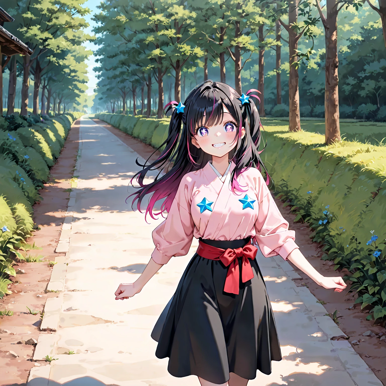 MASTERPIECE, best quality, high quality, extremely detailed, very delicate and beautiful, (1 female 18 years old solo: 1.2), (long black hair, two-side up to waist: 1.4), fringes to eyebrows, eyes. (eyes sharp, strong glossy glossy eyes, eyebrows glossy, (eye colour magenta: 1.3), 6.5 head tall, (shirt: 1.3), skirt, knee socks, lace, (melancholy expression), (hands folded),(Standing ), (dynamic pose), (background hydrangea garden: 1.3), (rain: 1.3)