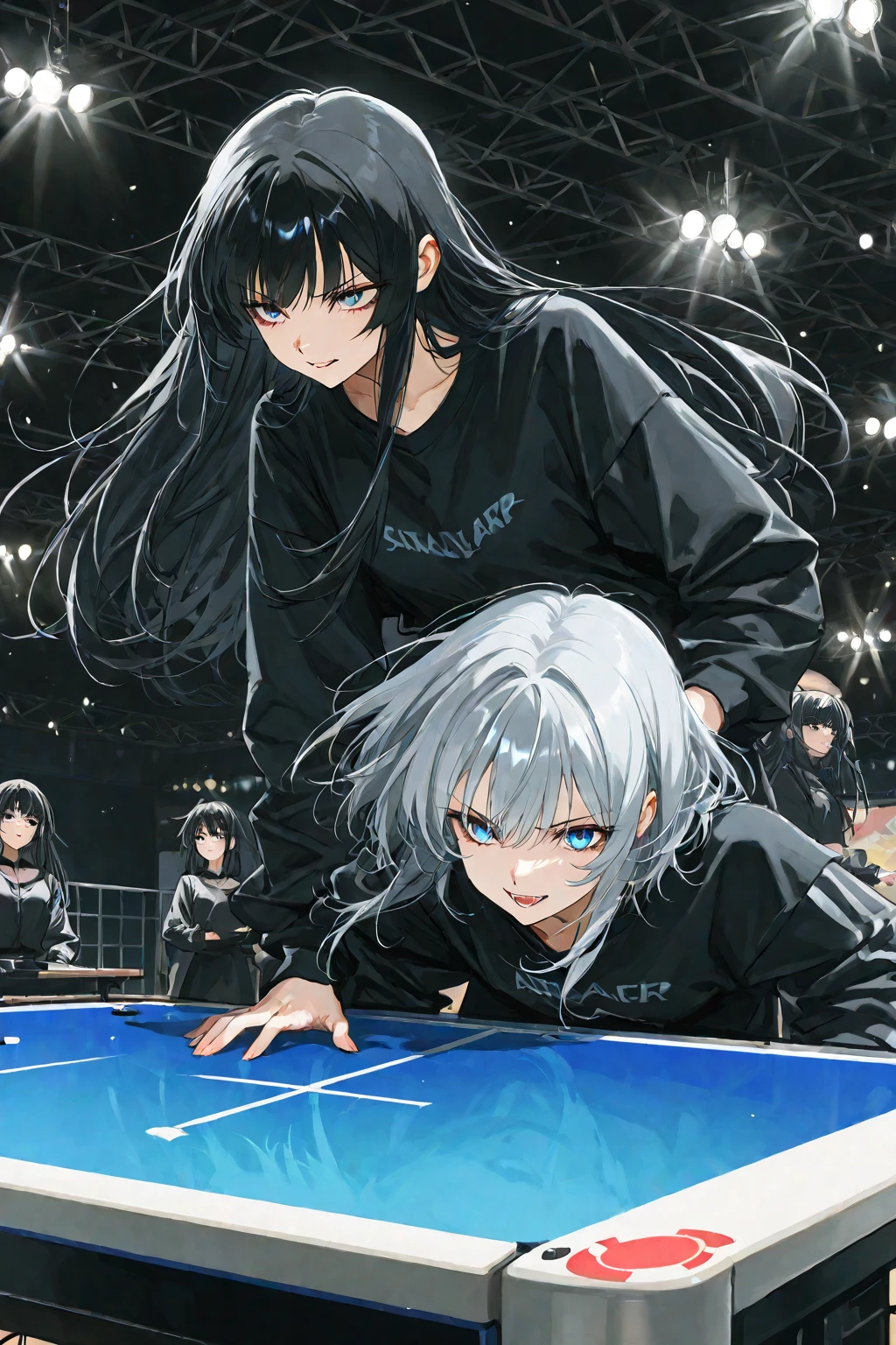 whole body, delicate  features, medium , medium hair, black hair, tearful mole, earring, tracksuit, shorts, pool, yuri, 2 girls,