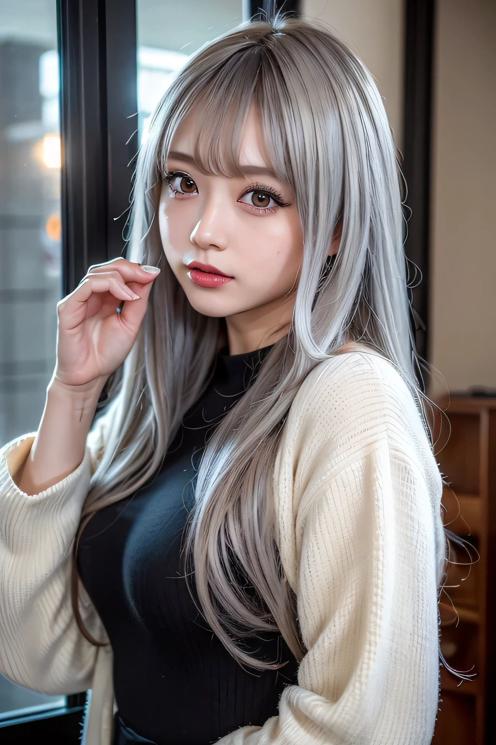 (8k, to be born, realistic: 1.25), ((striped white hairs)), (Thin lip gloss, thin eyebrows, eyelash, tear bag, sharp bangs, shiny face, shiny skin, highest quality, ultra high resolution, written boundary depth, chromatic aberration, caustics, wide lighting, natural shading, K-POPアイドル) Glasses, Calm, Gather the hair with your hands, long hair, smile, Small devil, inside the house