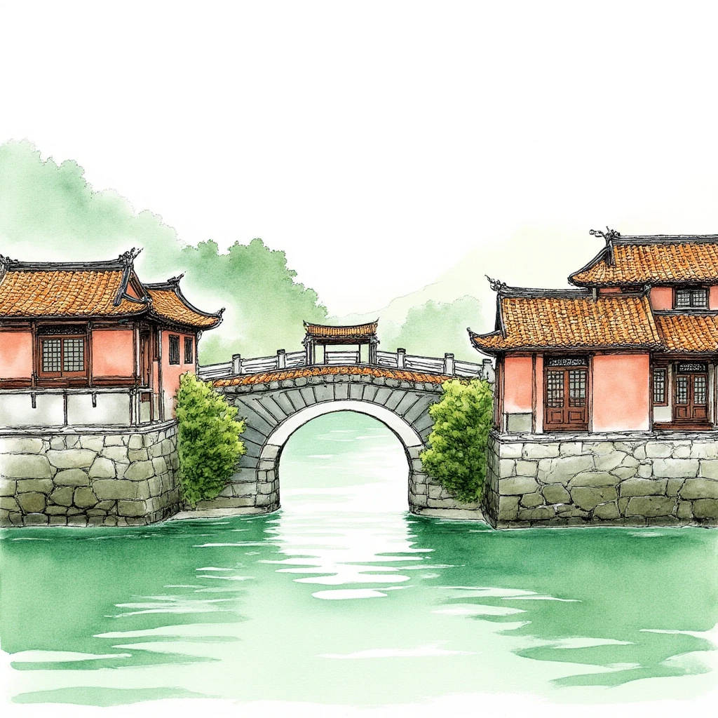 (a masterpiece of，Best Quority：1.2），Tradition Chinese Ink Painting，green mountains，rios，The composition is minimalist，Tradition Chinese Ink Painting， There is a bridge over the river，,Curved bridge, Stone arch bridge，bridge over the water, Bridge, A bridge，old bridge, Hangzhou, around the city, Black lines，white backgroung，chinese artist，interesting angle，simplebackground，black andwhite