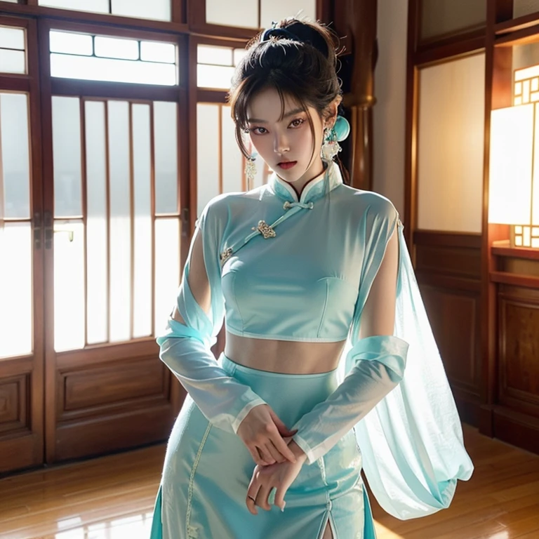 (((best quality))),(((ultra detailed))),(((masterpiece))),illustration,1girl,bun hair,( gauze hanbok:1.3),collar,slim,laughing, summer night,Korean city scape, street, neon signs, beautiful, vibrant, detailed  features,medium hair, elegance, cultural atmosphere, bustling city,tall buildings full of colorful advertisements, reflections, lively atmosphere, street food aroma,upper body,from back,(shoulder off, back,towering hips,butt crack)