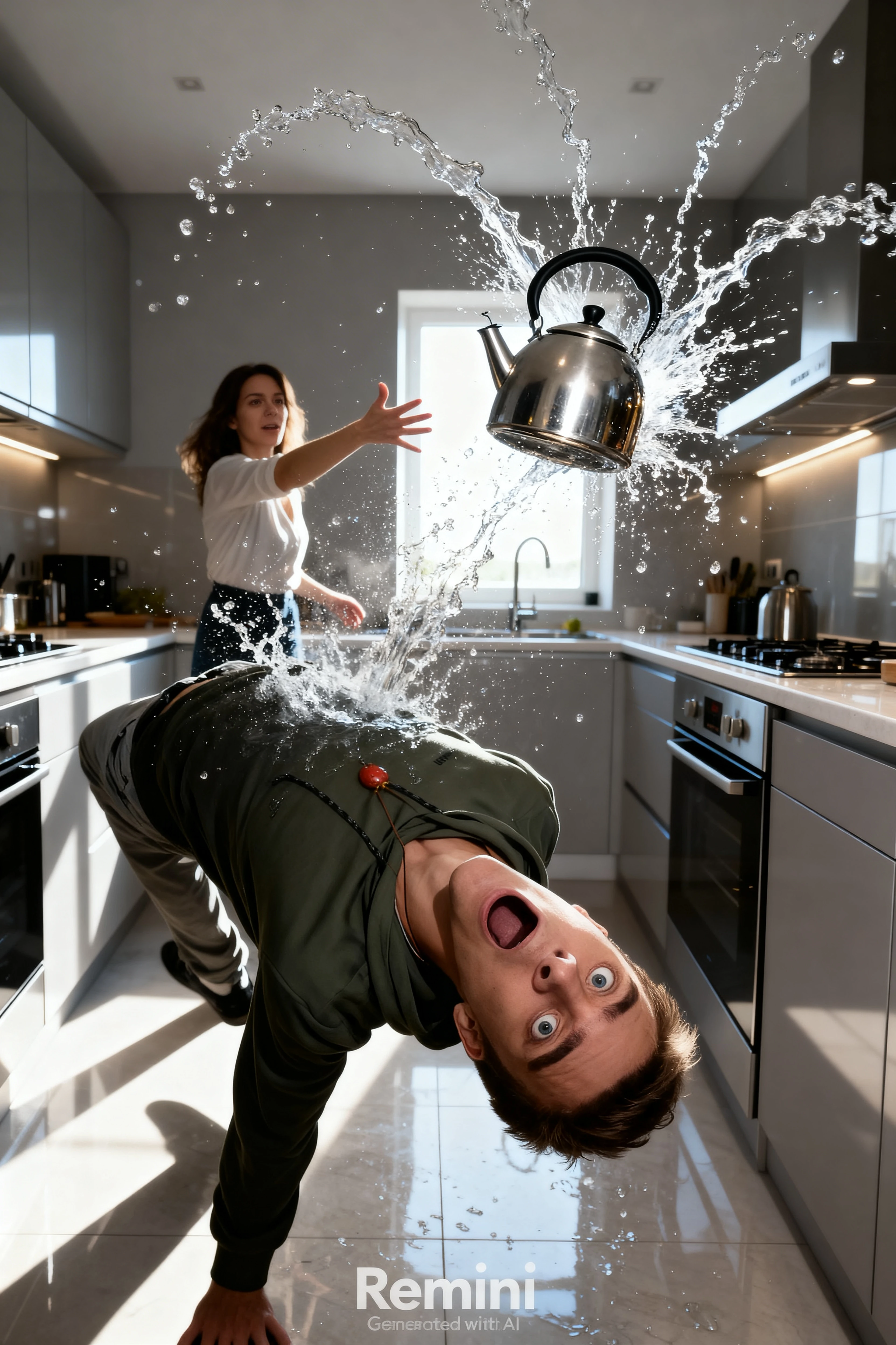 tall blonde, light gray business pants, heels, ((peeing self)), show heels, SoakingWetClothes, water pouring through clothes