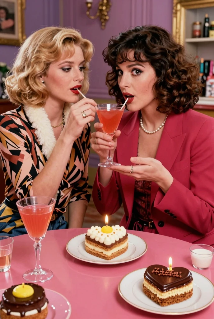 35mm film photography sexy brunette girls in a bakery in aprons  and sideways poses cakes sweets balloons birthday in pinup style bright pastel colors