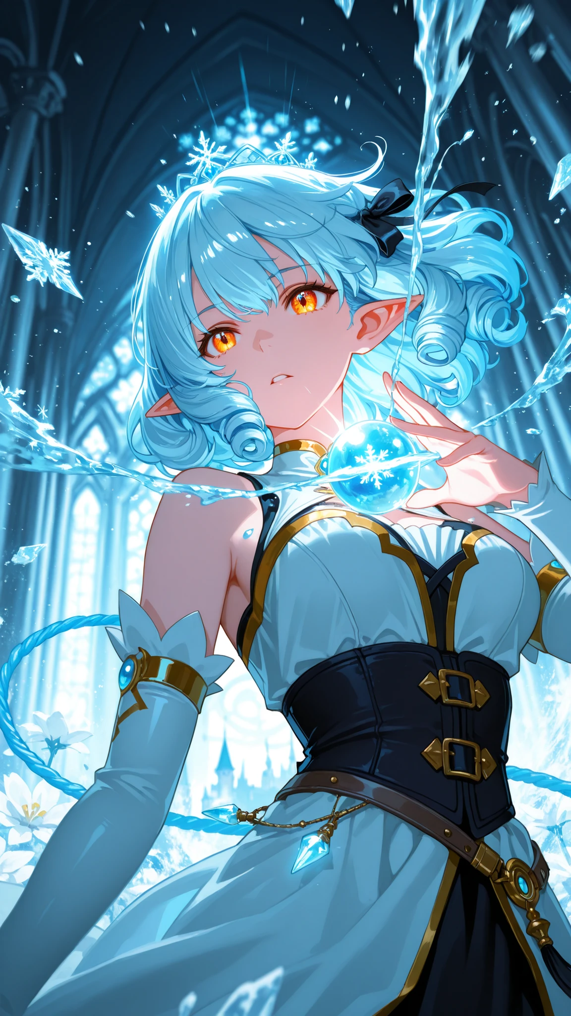 A woman elf with fair skin and short blonde hair. She have green eyes and wear the clothes of a medieval noblewoman. Color black.