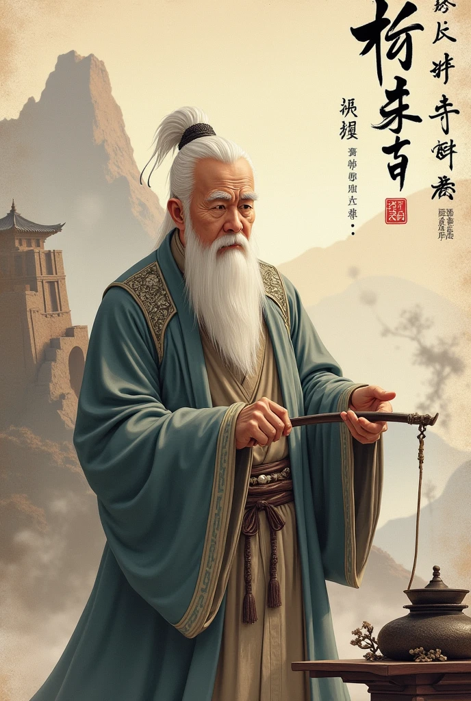 Hand holding staff, antique illustration, drop of ink, masterful illustration, old bearded Chinese master, long gray beard, clothed dress, martial arts teacher, standing, (zen garden, sakura, nature), award-winning digital art