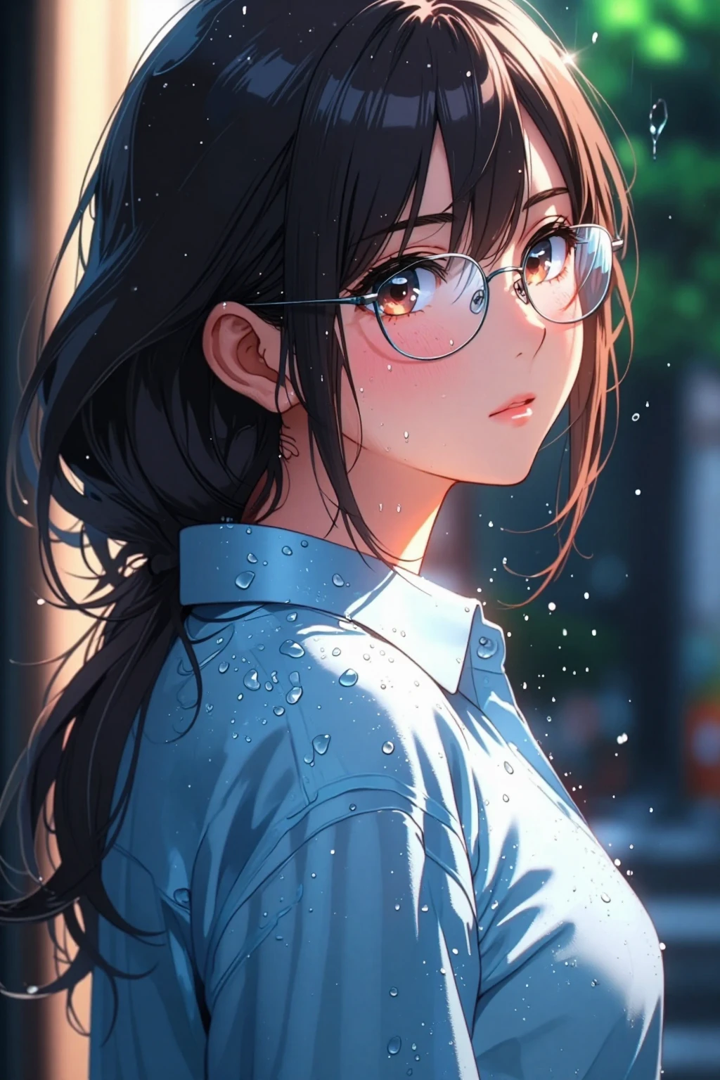 Woman in short clothes in the rain, (Wet woman), Water dripping on the body, a street, urban envrionment.