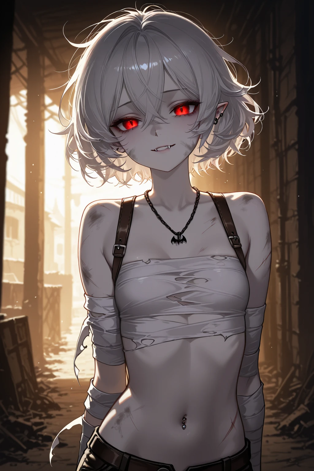 1girl, zombie, undead, white hair, stiches, ripped clothes, wasteland, dull eyes, cute