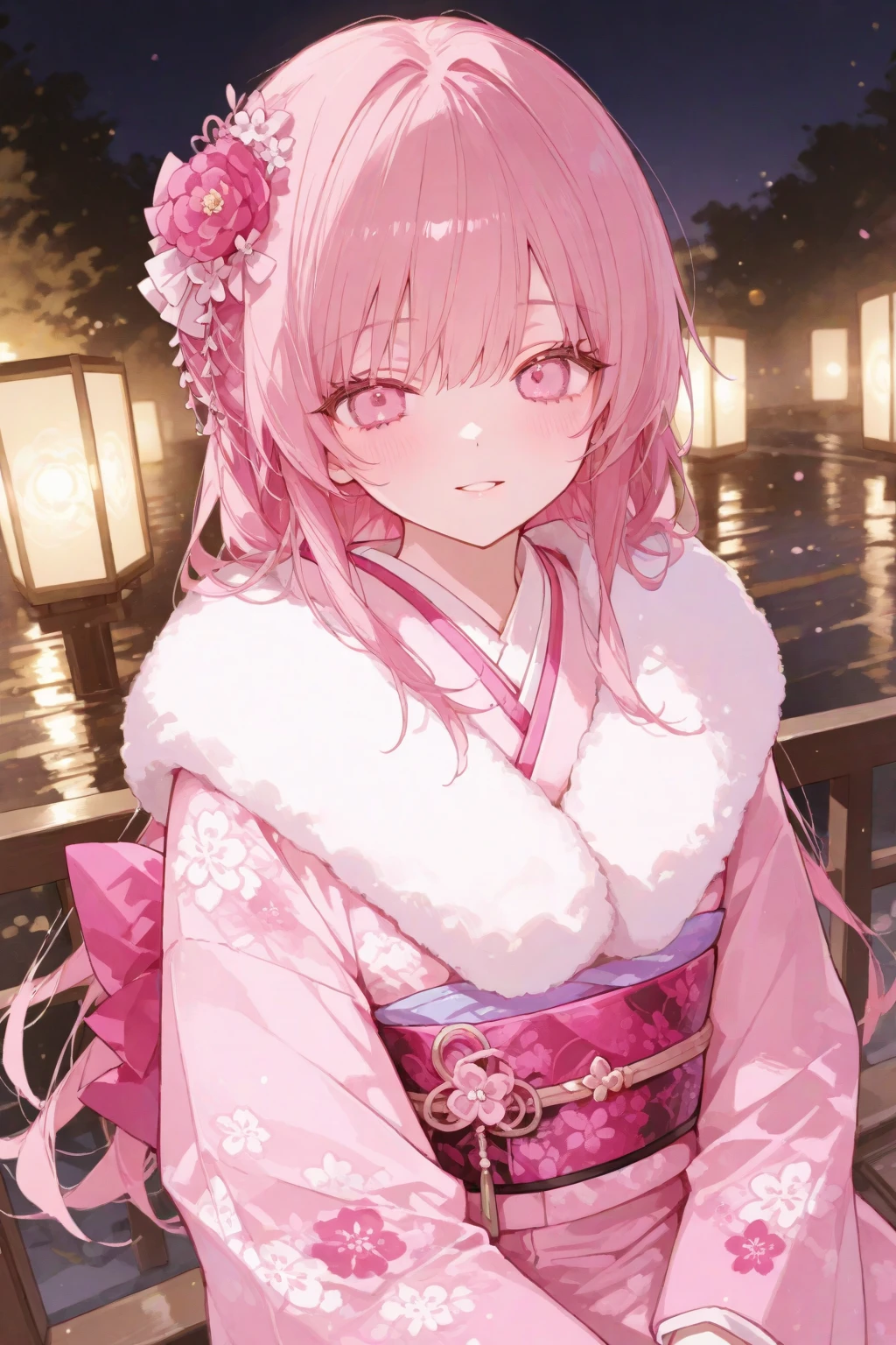 Highest quality、Complete limbs、Full Finger、Beautiful woman、Beautiful 、siina yuika、Pink Hair、pink lace 、Pink lace 、barefoot、Laughter、((Tower apartment))、Luxurious Room、((Glass Wall))、Luxurious king-size bed、((You can see the night view from the window))、Dimly lit room、Indirect lighting is on、Sitting on the bed、Blushing、Unpleasant atmosphere、Elegant atmosphere