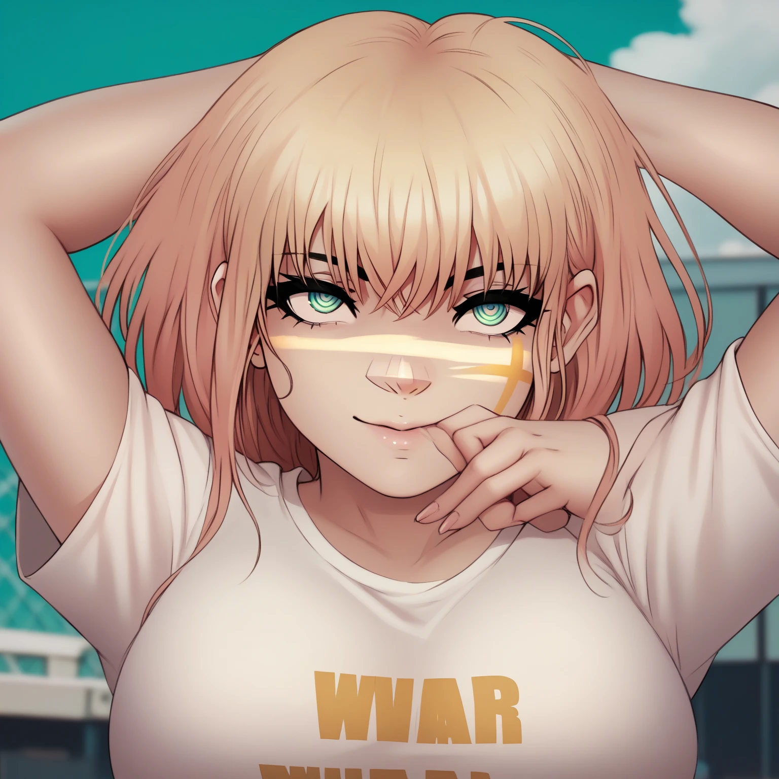 Golden hair, golden eyes with black pupils, woman , big chest, motorcycle goggles, hammering nails, focused, working, dirty, garage, zombie apocalypse, tattered black streetwear, highly detailed, perfect eyes, well defined eyes, highly detailed eyes, expressive eyes, best quality