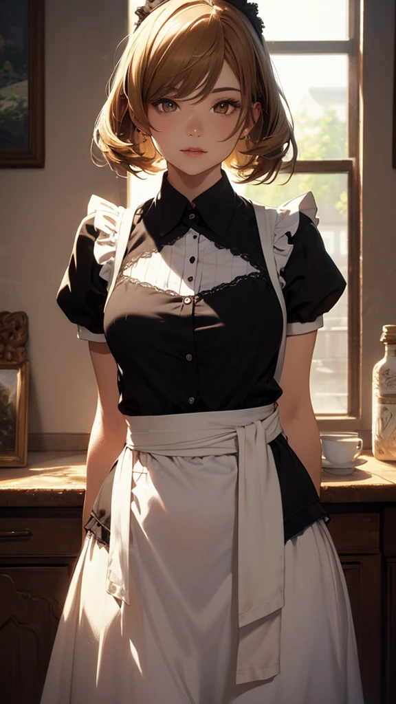 ((((masterpiece, Highest quality, High resolution)))), Extremely detailed 8K, Beautiful girl with a  body, (Ultra HD, Super detailed, Very detailed, Very realistic, Ultra-realistic, Photo Real), (One girl:1.5), (Realistic white hair), (Short Wavy Hair, hair ornaments, Earrings), (Dynamic pose), To the camera, View your viewers, (blush, Embarrassing, smile), (Purple eyes, Sharp eyes), (Saggy :1.2), (Beautifully detailed face, Beautiful attention to detail), ((Maid clothes, Maid Apron, Cat Ear Headband)), (detailed ),  Sweat, shine, (Sunbeam, sunlight),  coffee shop, ((Highest quality、High resolution))、Portraiture、Perfect body、Saggy, ample 、 excited expression、((throw、maid shows ))、、I'm inviting you to have ,()、 (spread 、 grab、)