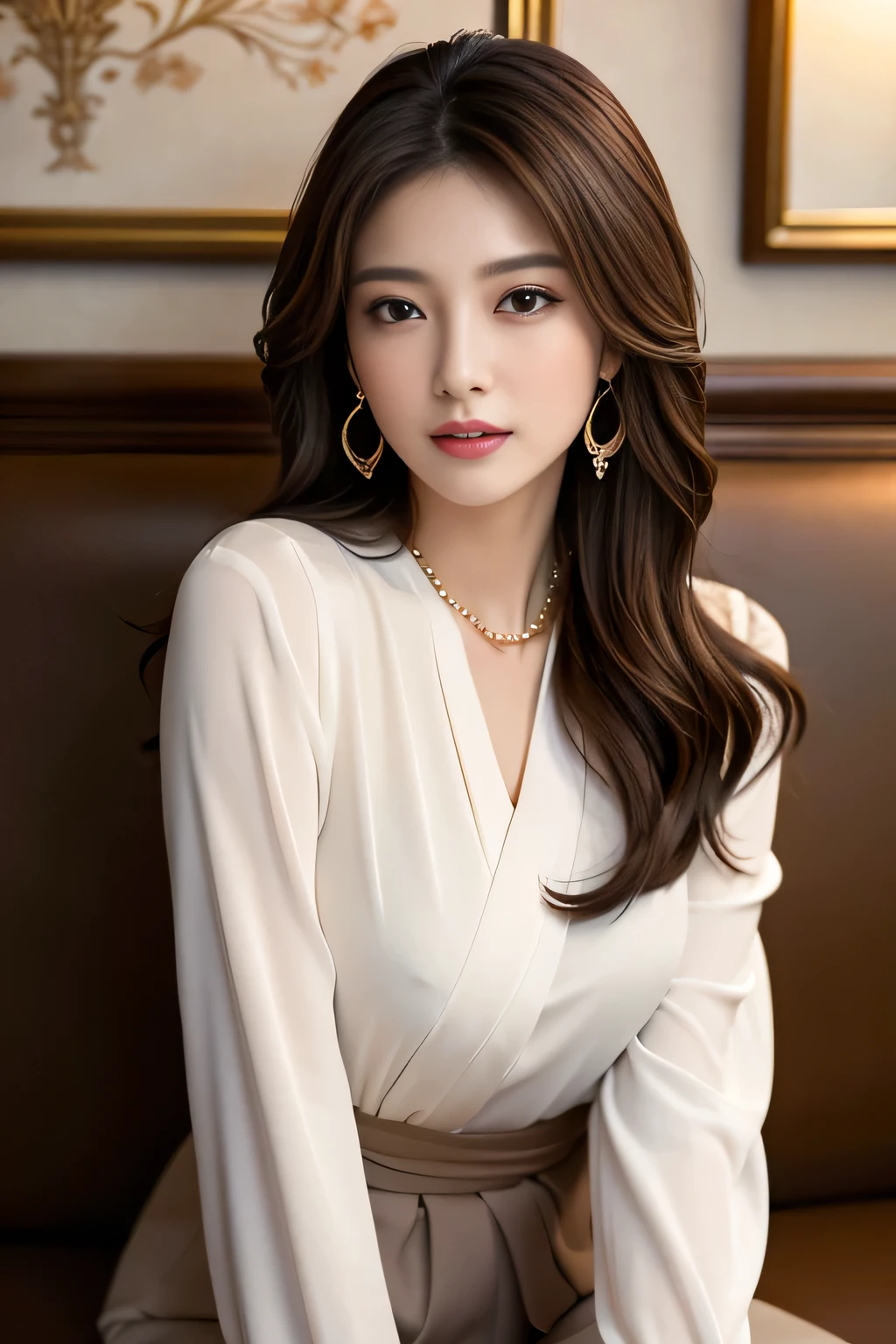 masterpiece, highest quality, Realistic, Very detailed, Finer details, High resolution, 8k wallpaper, One beautiful woman, Wear casual business attire, In a great restaurant, At night, Light brown messy hair, Perfect dynamic composition, Beautiful and beautiful eyes、Big earrings