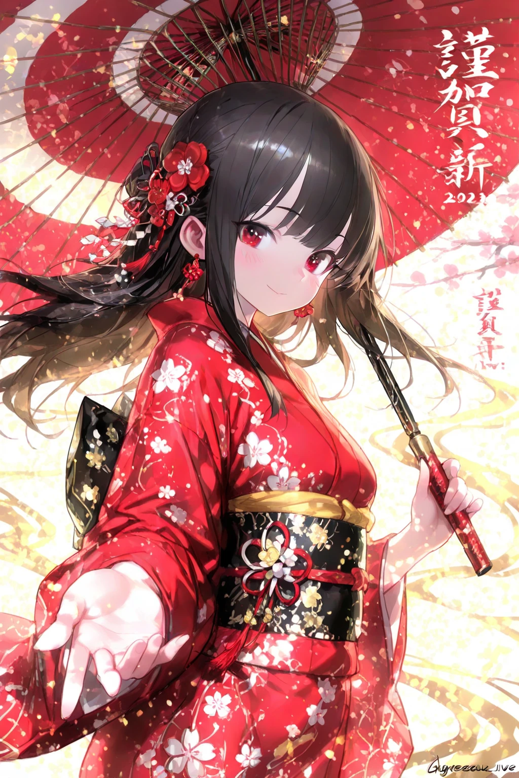Anime girl with long hair and a black kimono holding a flower - SeaArt AI