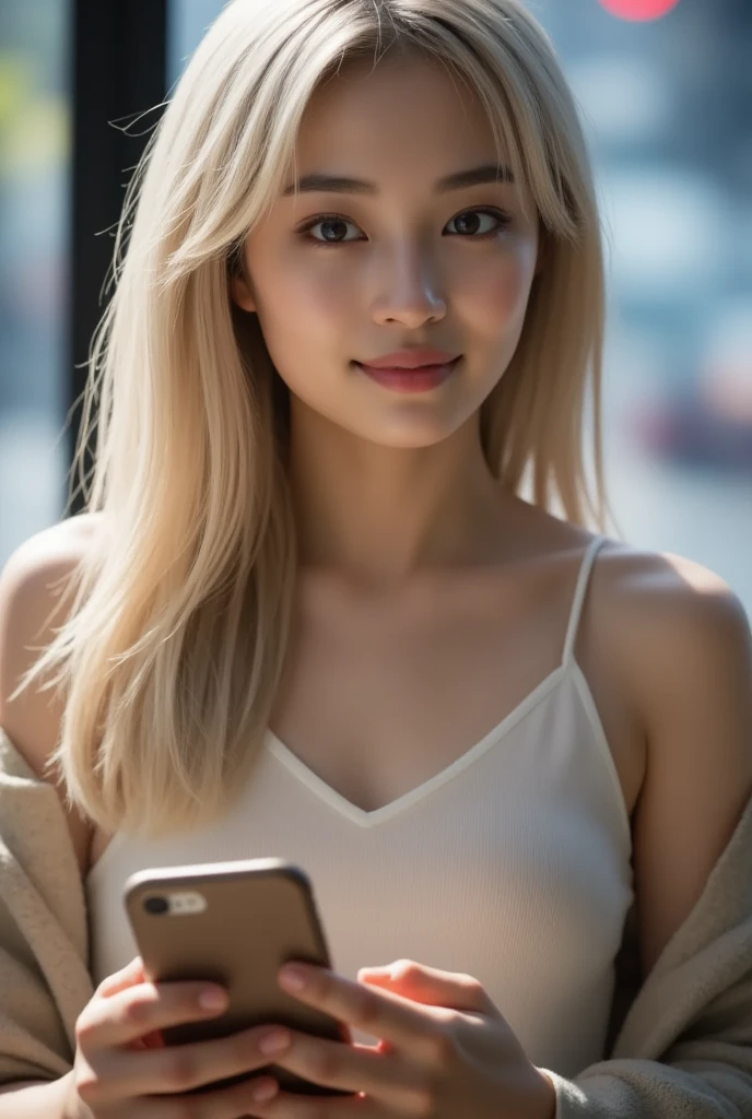 A girl,croped rosa,blondie hair,fone gamer rosa ,Grinning, side lighting,pink back ground