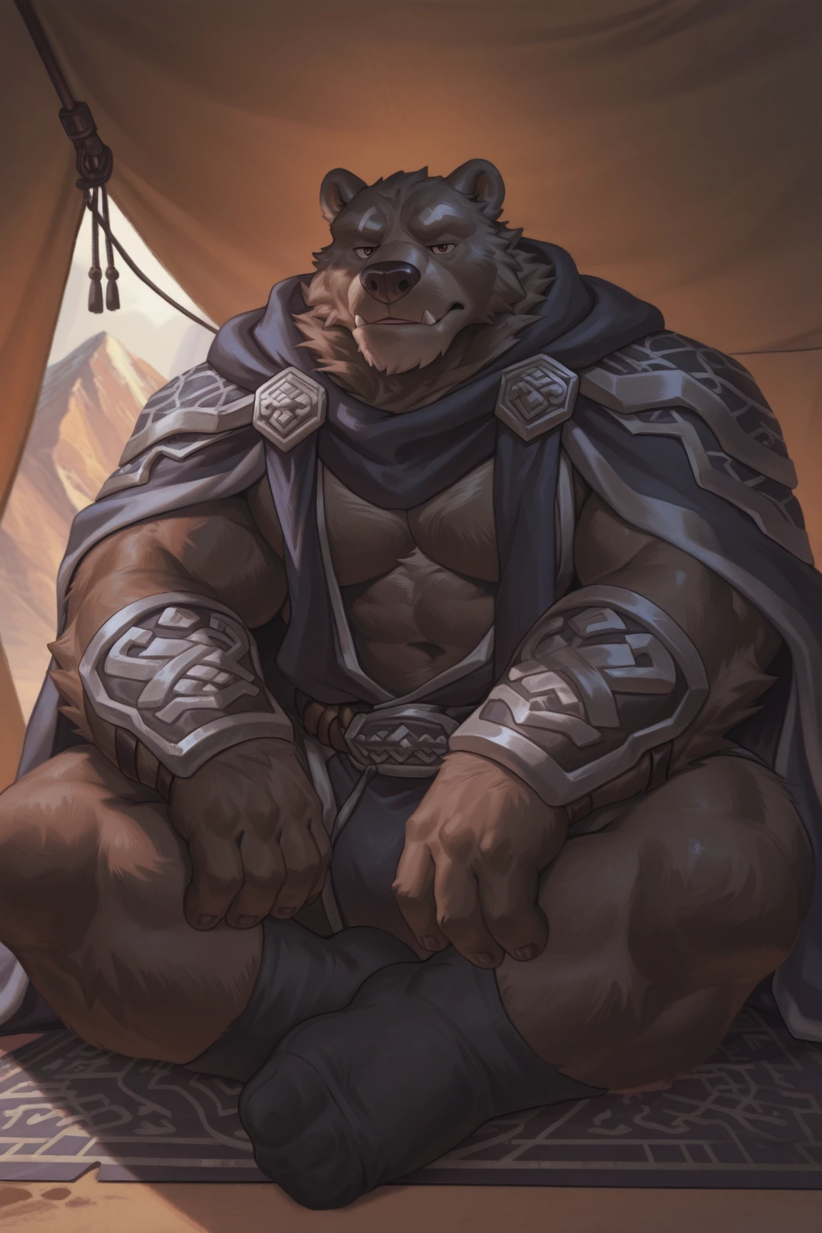 burly virile hairy man, with two wolf ears and a bushy tail, in a suit of armor, middle-aged, hirsute, overmuscular and musclebound, bulging veiny muscles, a warrior's build, a bodybuilder's physique, long bushy and a thick mustache, a square jaw, handsome and dreamy, grey hair, a king on his throne, in regal clothing