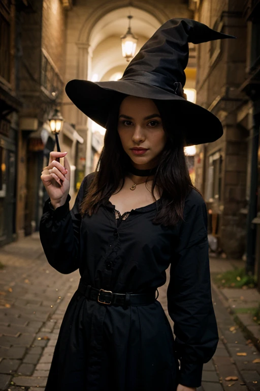 A stunning photo of a witch age 21 sitting on a magical broom, the broom is floating above street, detailed face, edgy, black hair, fantasy art 4K, 64 megapixels 8K resolution HDR; volumetric lighting", surreal hallucinatory intricately detailed sharp focus, windy, FUJIFILM, bokeh