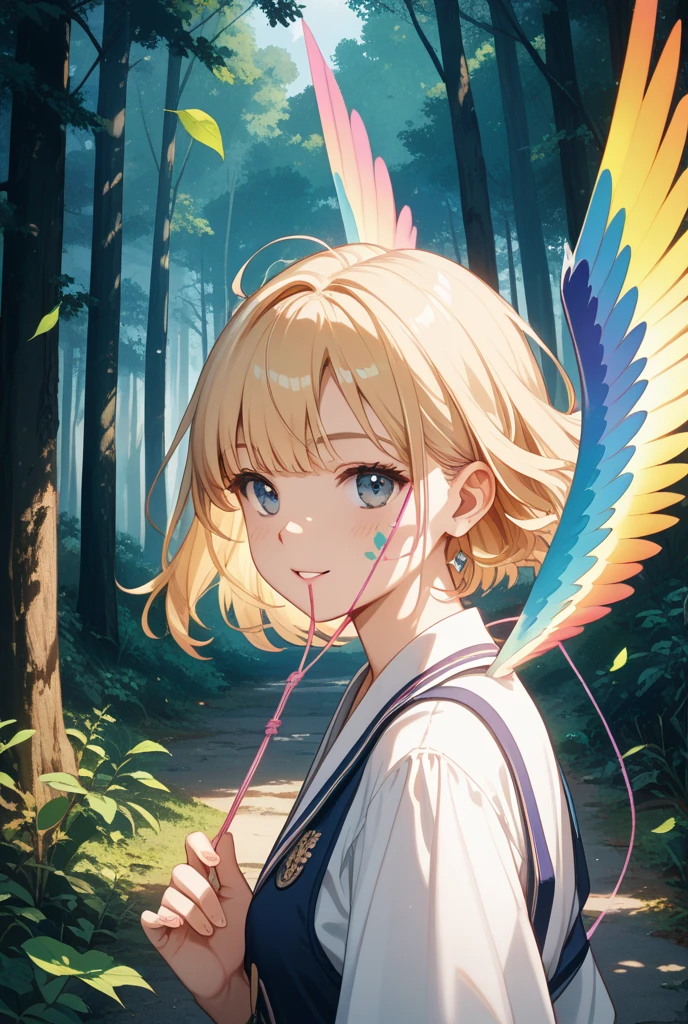 1girl, short yellow hair, green eyes, waring plain white shirt, denim shorts, holding a branch with leaf in her right hand, green forest, golden sun light, leaves fallen by, 8k, looking at viewer