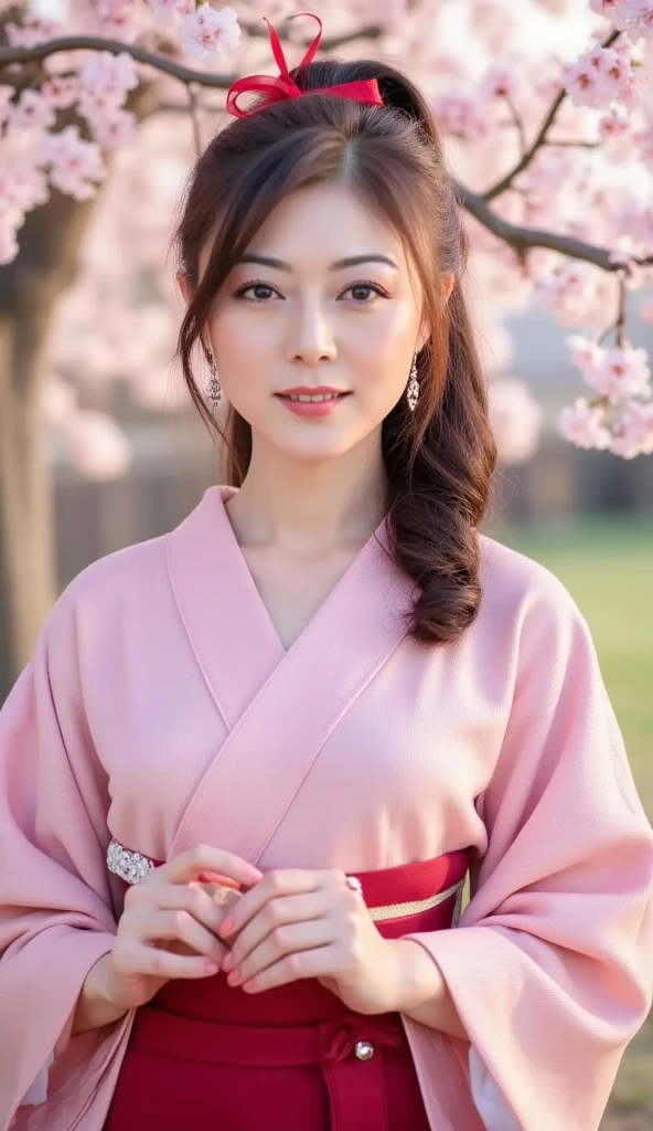 ((highest quality)), ((8K)), ((masterpiece: 1.3)), (perfect appearance), (photorealism: 1.6), (AY), (Mature woman looking up at the cherry blossom tree), perfect , ((Age 65)), (I'm looking up at the cherry blossoms blooming on the trees), ((white blouse)), ((lipstick, eyeshadow, eyeliner)), ((gentle smile)), (Upper body of a mature woman), (River edge lined with cherry blossom trees),