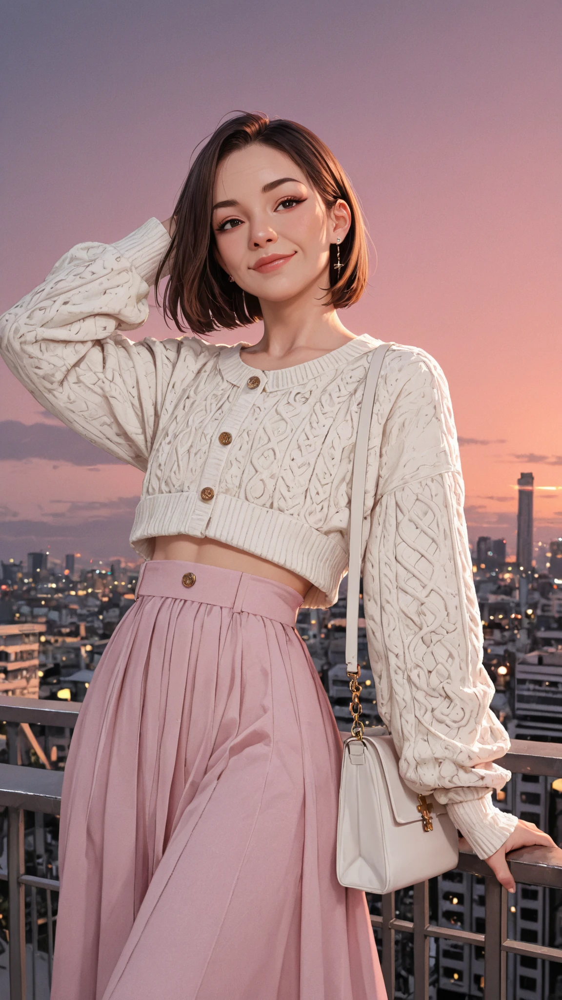 masterpiece, highest quality, Photoreal, Super detailed, finely, High resolution, 8k wallpaper, Professional, Advanced level of detail, ((One 20-year-old girl:1.2)), Slender Japanese women,cute lips, detailed clavicle, Medium 、perfect face, (Cute short hair:1.5), chestnut hair、cute face、White Cardigan、(Grey Mini Flared Skirt:1.5)、black short boots、( poses in the shopping district:1.2)、Perfect Professional Potion