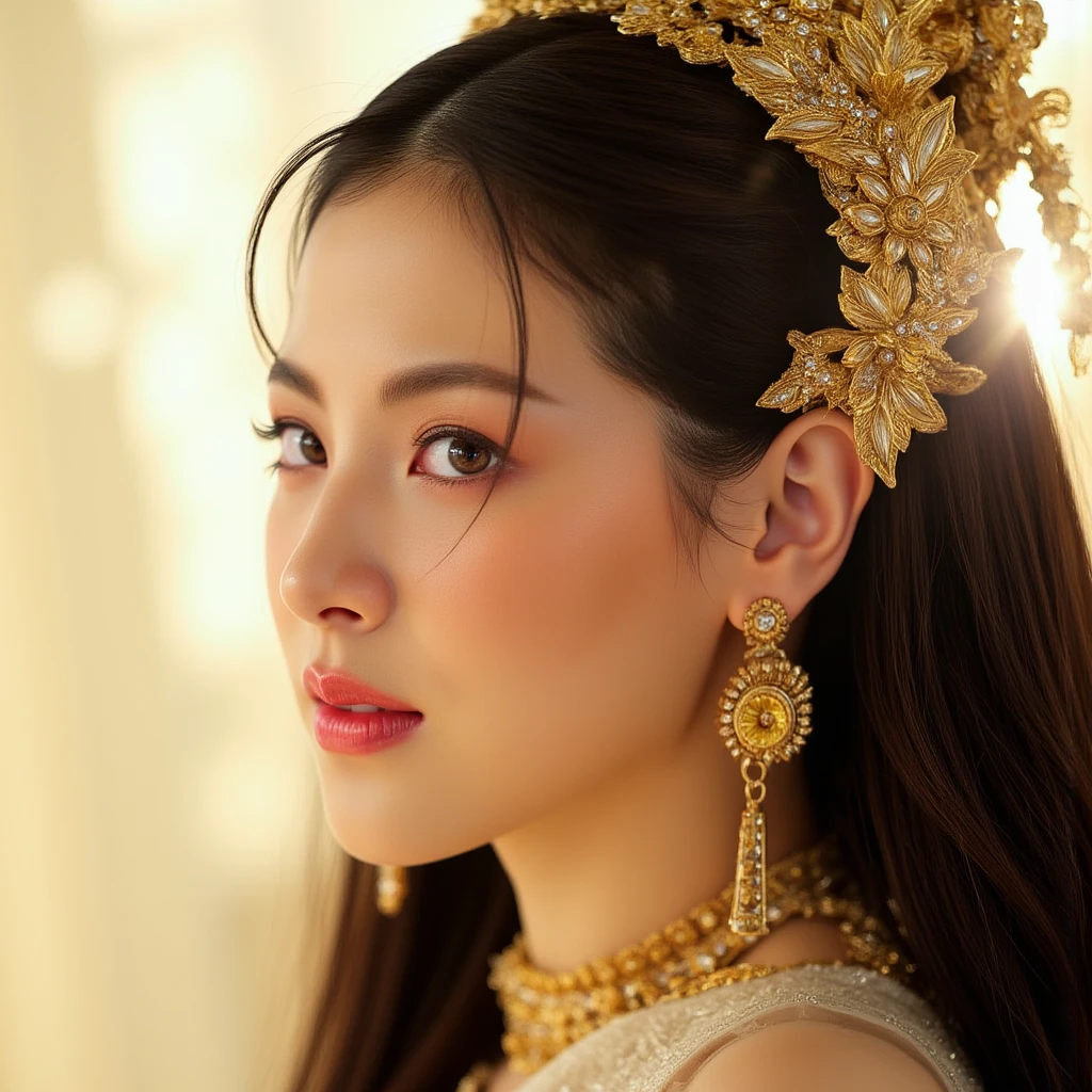 masterpiece, highest quality, HDR, high contrast, ((beautiful girl, Thai Female Soldier)), bun hair, highly detailed lips, detailed eyes, double eyelid, Make-up face. ((flchut thai dresses, strapless shirts)), just showing his face. pretty face. captivating. make-up face. long eyelashes, just showing his face. pretty face. captivating. make-up face. long eyelashes, just showing his face. pretty face. captivating. make-up face. long eyelashes, ((in front of the make-up mirror))