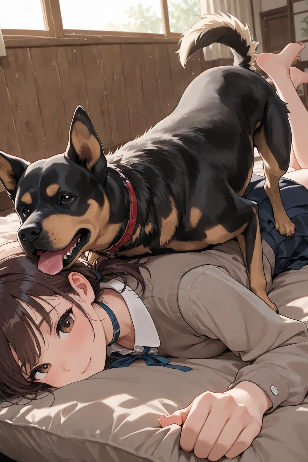 Super best quality、Ultra-high resolution、Beautiful details、Ultra HD quality、1 girl、Cute 13 year old girl、Completely 、pubic hair、Medium sized 、Black hair long hair、、Giving a  to a dog、Moist with tears、A large amount of  is dripping from the 、Beautiful pink 、Low - Angle