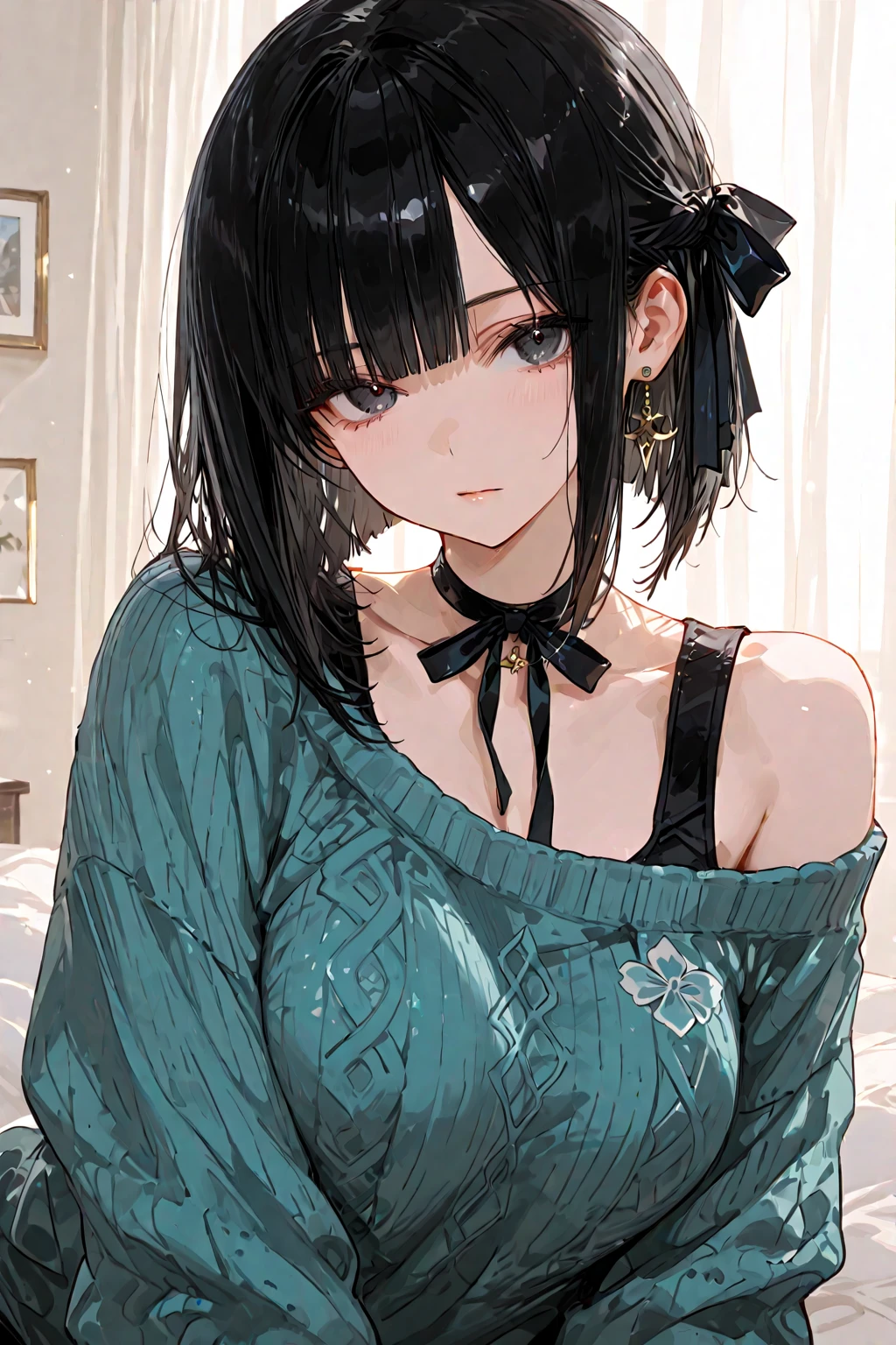 (masterpiece:1.2), (high quality:1.2), (hui xiyi:0.7), rekkyo sensen, rekkyou sensen, girls with((1girl, solo, black hair, yellow eyes, (wavy long hair, wearing a red millitary beret, braids, hairclips, short eyebrow, thin eyebrows:1.55), (right swept bangs:1.4), blush, , choker, , coat, cowboy shot, dress, blue clothes, ribbon waist belt, collar, collarbone, rosary, rosary choker, cross, fur, fur trim, parka, khaki hoodie, green hoodie, hood down, hooded coat, hooded jacket, hoodie, jacket, large , long sleeves, , , ,open hoodie, sleeveless, winter clothes, zipper, , upper body, hand up, waving, palm)), background with((bedroom, room:2.0))