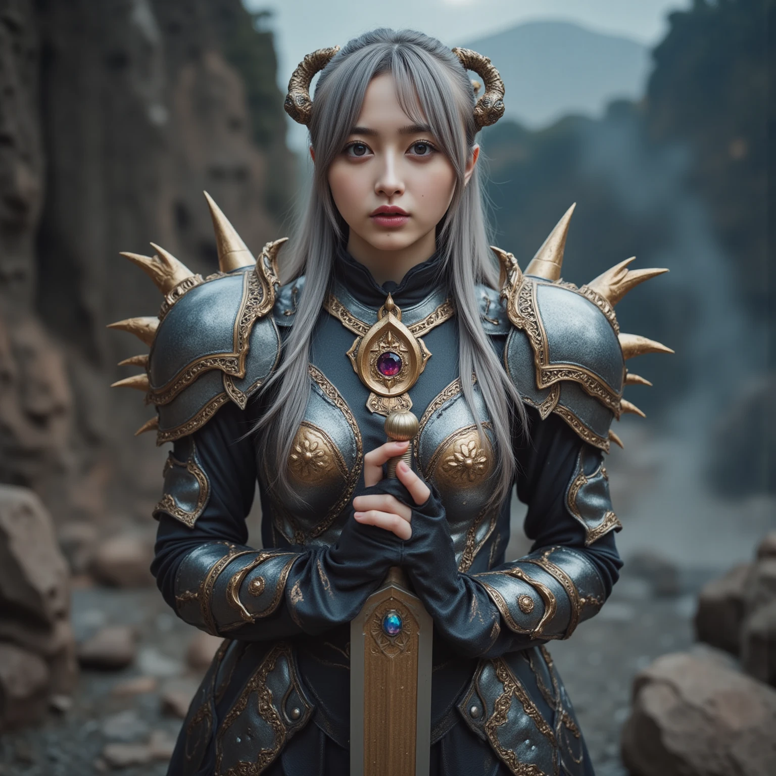 Professional , ​masterpiece、top-quality、photos realistic , 、top-quality、超A high resolution、(Photorealsitic:1.4)、Raw photo、depth of fields （Gemstone Gold Metal Body:1.9),(Matte White、Toostock、 of the 、（ of the ）、（Detailed Dragon Armor）、（Have the strongest weapon）、（(Random Hairstyles 1.6),Dark Fantasy,）explosions、intense fighting、（Precipitous cliffs),Dragon Gold Weapon,Mystical expression、Particles of light、Fight dragons、（Detailed Dragon Helmet),Gorgeous Silver Weapons ,（（ Dragon's dense and gorgeous sword）） , Beautiful knife   ,warhammer 40k ,Detail and gorgeous crown、（（Blue hair））、（Castle background）、、（（Gangle's forest background））、Beautiful Caucasian beauty、１a person、dynamic ungle,((()))、Smaller head、A smile、Castle background、Thin and beautiful female hands、 of the 、Soldier in iron armor on background、Mystical expression、Light Effects、intense fighting、Wind-effect、magic circles、With the legendary magic wand、（demonic wings）、Toostock、