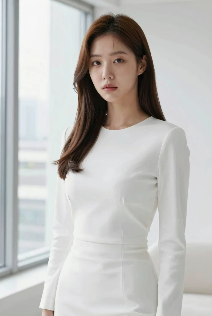 ((of the highest quality, 8K, masutepiece: 1.3, Raw photo)), Sharp Focus: 1.2, (1 AESPA Girl :1.1), Solo, (Realistic, Photorealistic: 1.37), (Face Focus: 1.1), Cute face, hyperdetailed face, (short messy hair:1.1), Small Smile, Small breasts, flat chest, , (Neat white dress, business skirt, Thigh: 1.2), office room