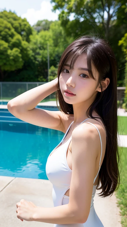 (((Sit on one knee by the pool.、Beautiful woman posing with one foot in the water))),(((masutepiece:1.6))),(((ulzzang-6500))),(((perfect anatomia:1.6))),(((Deep depth of field with Hasselblad))),(((Sexy waist))),​masterpiece,top-quality,超A high resolution,High detailed portrait,(photographrealistic:1.4),(((High nose and chiseled beautiful face))),(((Raking up your hair))),Fair skin is dazzling,(((I'm wearing a simple high-leg one-piece swimsuit in all white))),Raise your chin and look up at the sky,((Full body shot from the front)),20yr old,cute little, Her long, The glossy chestnut hair is braided and cute.、Bangs swaying in the wind,((Proud F cup beautiful breasts )),(The waist is irresistible.),(Dripping wet body),(Famous popular actresses of Japan),(Raise the corners of your mouth and smile),(Happy face,sano),(Sounds like fun),High detailed eyes,((Gravure shooting by the pool in Hawaii)),((Cool face with disheveled bangs,Gaze staring at the sky,Long lashes are impressive,Big eyes,Distinct double eyelids,glowy skin,Thick lips with lip gloss)),(((perfect anatomia:1.4))),