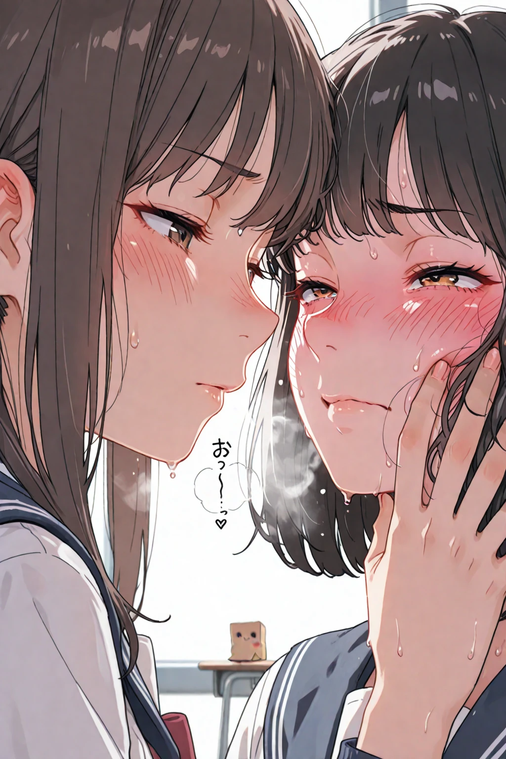 {{(((Ultra detailed, ultra high definition, 64k, masterpiece, highest quality, beautiful eyes in every detail, highly detailed eyes and face,  bullying, girl-on-girl ,  , black hair, straight hair, Pigtails, bangs, , , , sweating, lesbian , , close contact between girls, one girl inserting a super large  into another girl's ,  eyes, ))))}}, Profile, two girls,  juice, , , , sweaty, (: 1.2), (small: 1.25), (baby face: 1.2), (short hand: 1.2), droopy eyes, , blazer, Classroom, small , female, 7 years old}, medium length, clear red eyes, big eyes, crying face, wearing a ribbon, drooling), {{((side view))}},