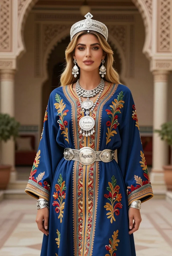 Most beautiful german blonde lady, wearing kabyle robe, kabyledress, amazigh, berber, kabyle outfit, bijoux, house with a pool background, realistic,4k, professional, red robe