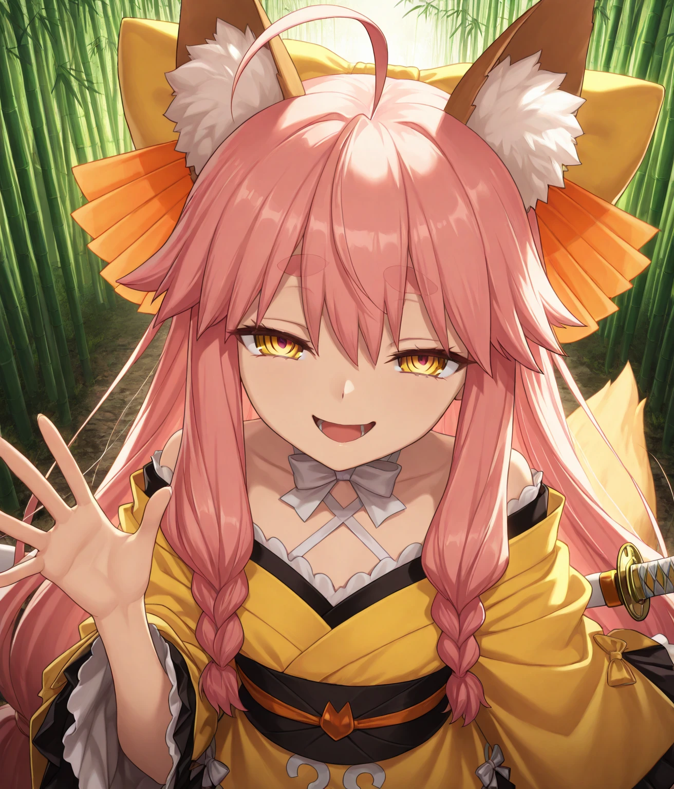 kitsune idol in a tavern, foxgirl, fox ears, fox tails, pink hair, green eyes, blue idol dress, tavern background