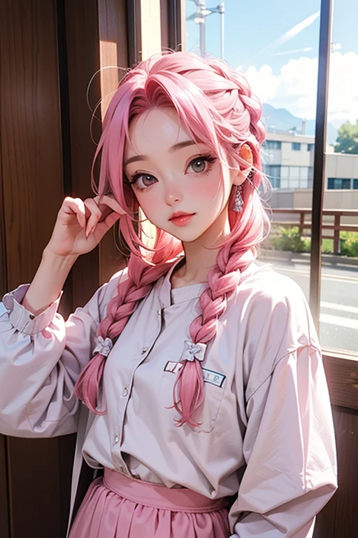 16 years old teenager girl, in emty classroom, laughs,soft pink hair, pigtails, graphic eyeliner, rouge,realistic skin texture,face freckles,shirt,black skirt,masterpiece,blush,blushed,blushing,teen girl,pale white skin,beautiful, pose,, body,perfect body, ((big )), , cold lighting, cloudy weather, cold palette