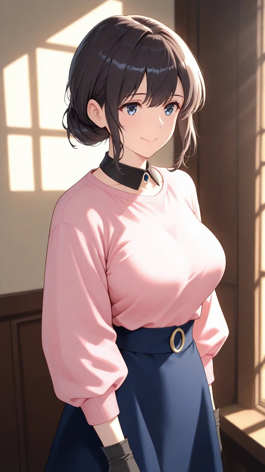 1girl in,A girl opens her shirt and shows her  with a shy expression,boyish handsome girl,red blush,Teary-eyed,Accurately drawn face,A dark-haired,Short undercut boyish hairstyle,A slender,flat ,鎖骨,tre anatomically correct,Precise fingers,open the shirt yourself,Clean ,Dark blue skirt,​masterpiece,Best Quality,