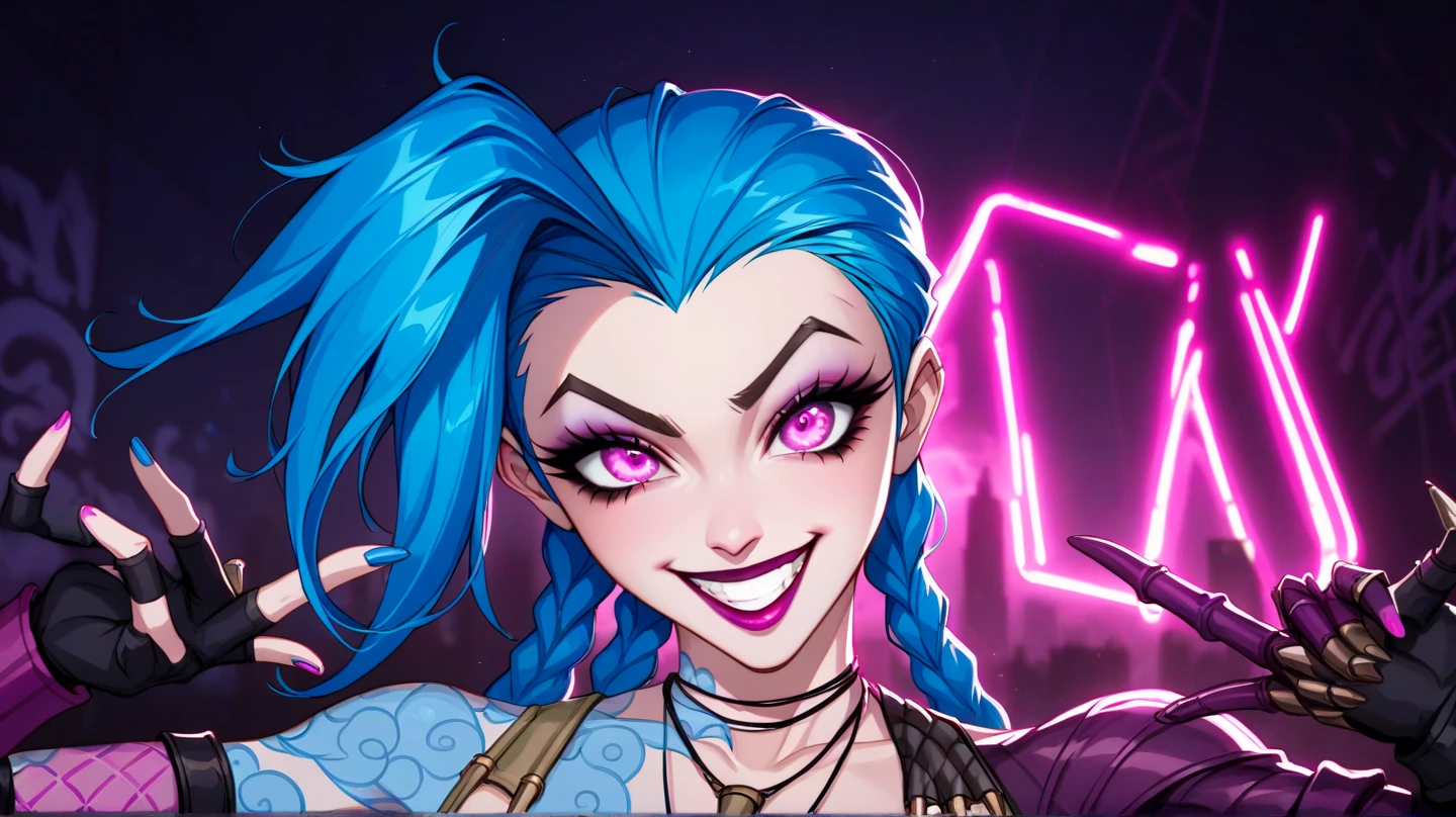 Jinx, a League of Legends character, taking a selfie looking very close to the camera, In the photo Luxana Crownguard also appears behind her.