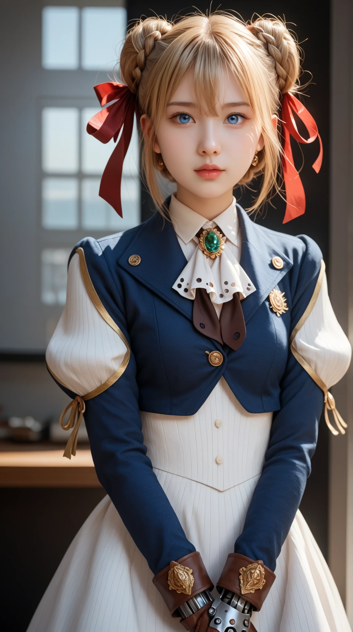 violet evergarden, braid, hair ribbon, red ribbon, jewelry, white ascot, brooch, blue jacket, long sleeves, mechanical hands, white dress, long dress