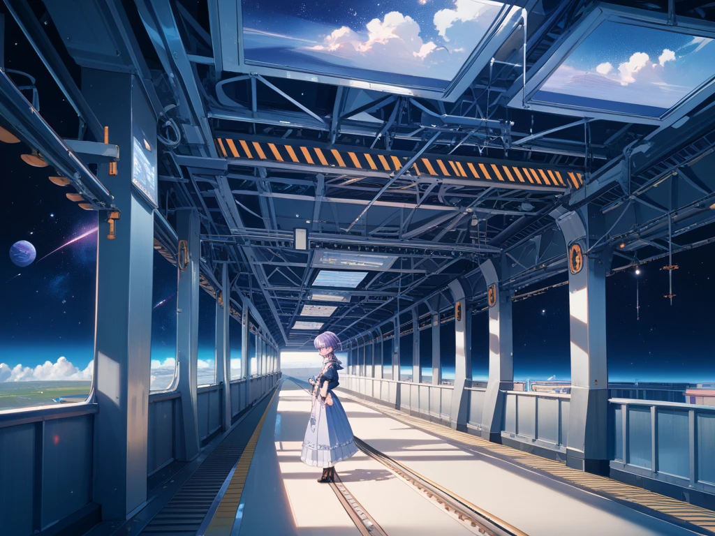 masterpiece, (((wearing headphones))). (anime girl posing). ((1990s anime)). ((City Pop girl)). Gorgeous features . Hyper detailed. High definition. Anime style. HDR. 8k. This contrast between the fantastical character and the more bold color scheme and elements gives the piece an intriguing narrative quality. painted realism, photorealistic, fantasy digital art,Render Related Information: 32K resolution,Expressive details, Season: summer, Time: Dawn, (((Waiting on the station platform to catch the train before going to school ))),full body,smile.Moonlight illuminates the dimly lit room.90s,short hair girl,beautiful girl,(((A woman whose back can be seen up to her waist))),（woman ）,