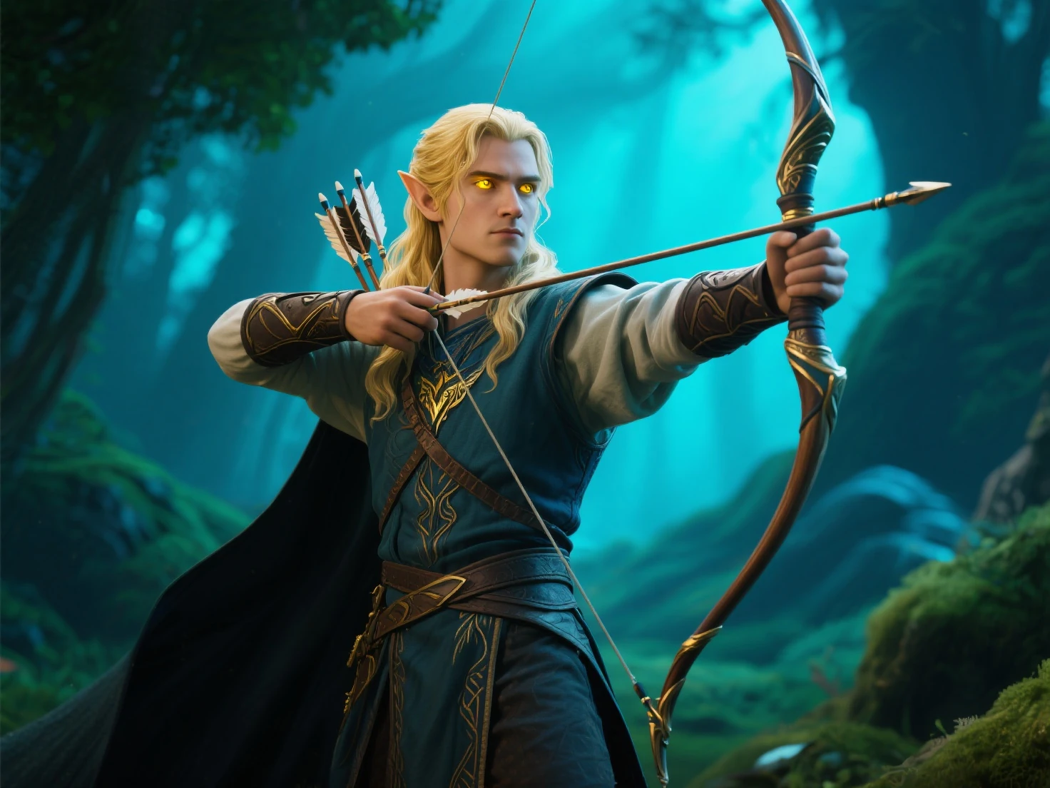 An elf. From lord of the rings. Aiming with a bow.