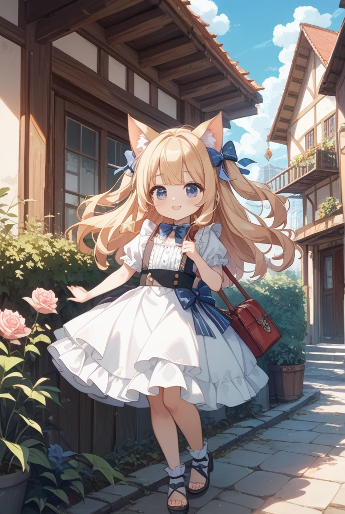 (tmasterpiece, Best quality, A high resolution), 1 girl, Alone, Oversized fox tail，Green-eyed，(Long brown hair with double ponytails)，Small flower headdress, (9 years old_Cute )，modernn architecture，A ，(amusement park carousel)，The smile is so cute，clothes to wear when going out，