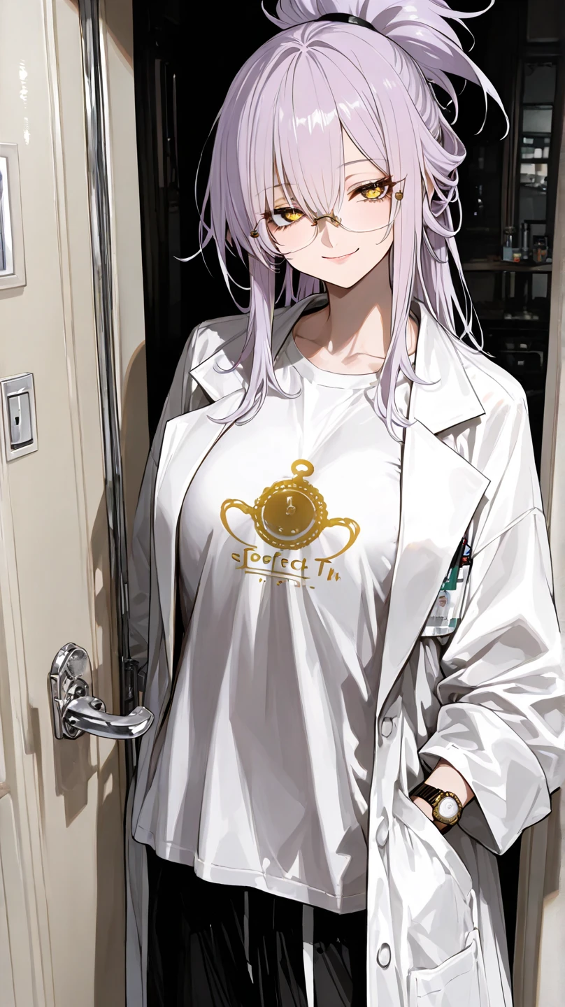 ((8K resolution))、((highest quality))、((masterpiece))、((Super detailed))((((dramatic))), (anatomically correct)、Depth of object being written、look at the camera、one person、one personのJK、smile、Laughter、Cover your mouth with your hands、close one eye、shed tears、front、Narrow frame, elegant posture, thin fingers, Willow-like limbs, Great presence,(undercut hairstyle)、gold earrings、purple eyes、tattoo、(T-shirt、shorts)、(theme、whole body:1.1), ネオンpunkスタイル、punk、alley、(Cafe、drink coffee)