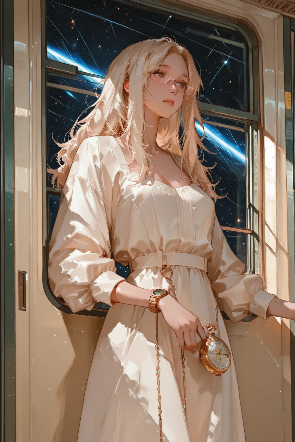 ((Beautiful slender thin girl 16 years old ((with a perfect, very beautiful gentle face)) with blond hair)) (rides in an empty train carriage) (Barefoot) () (with small beautiful  tender ) (with pink ) (with a slim waist) (with  ), (summer day, sunlight fills the carriage), (suitcases and bags), ((on the table there is tea in a glass holder and flowers in a vase, cookies and books)), (glare of the sun), (in a gentle watercolor style)