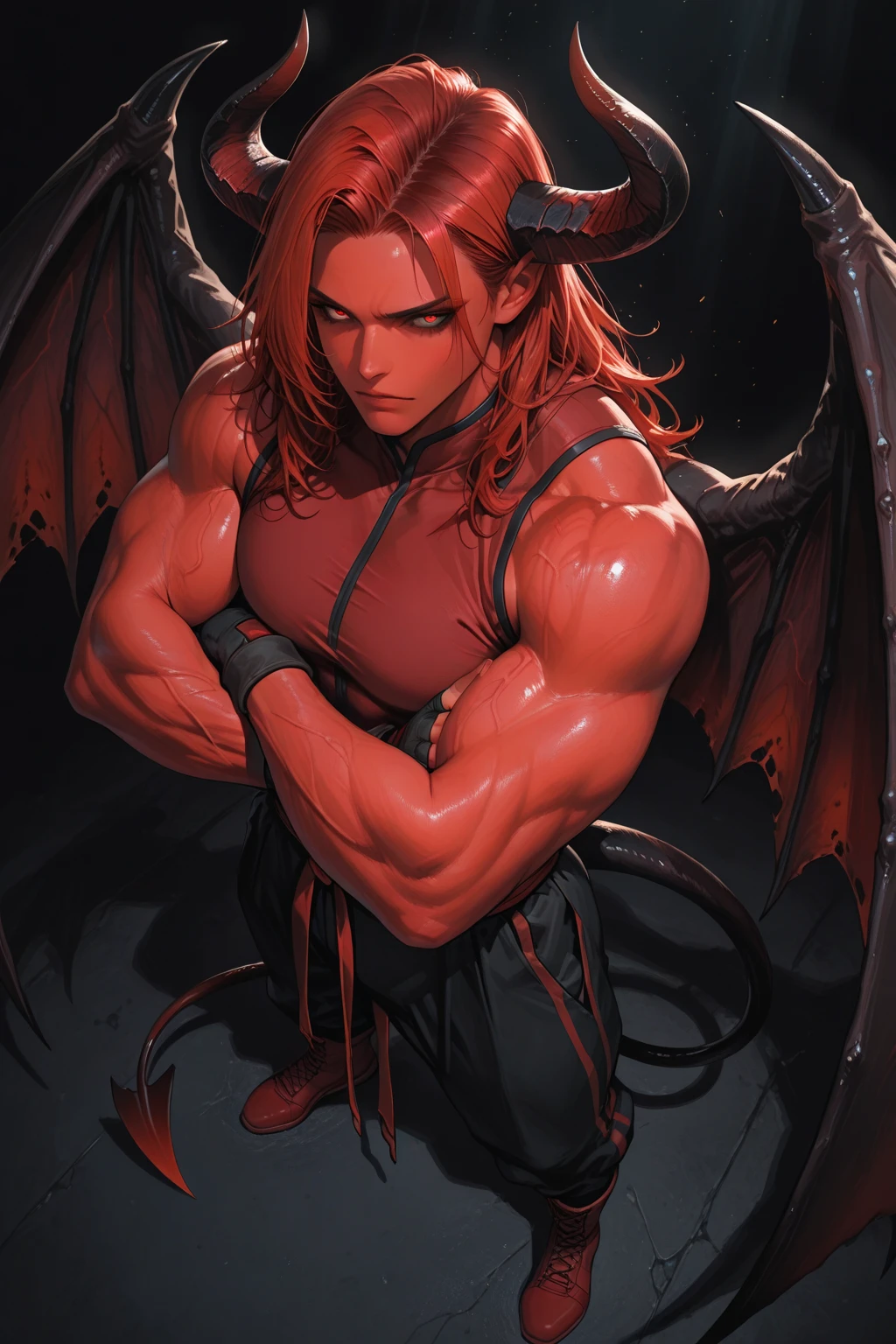 Demon, musculous body, absurdly tall body, hot male demon, red skin, Devil, demon horns, hot 