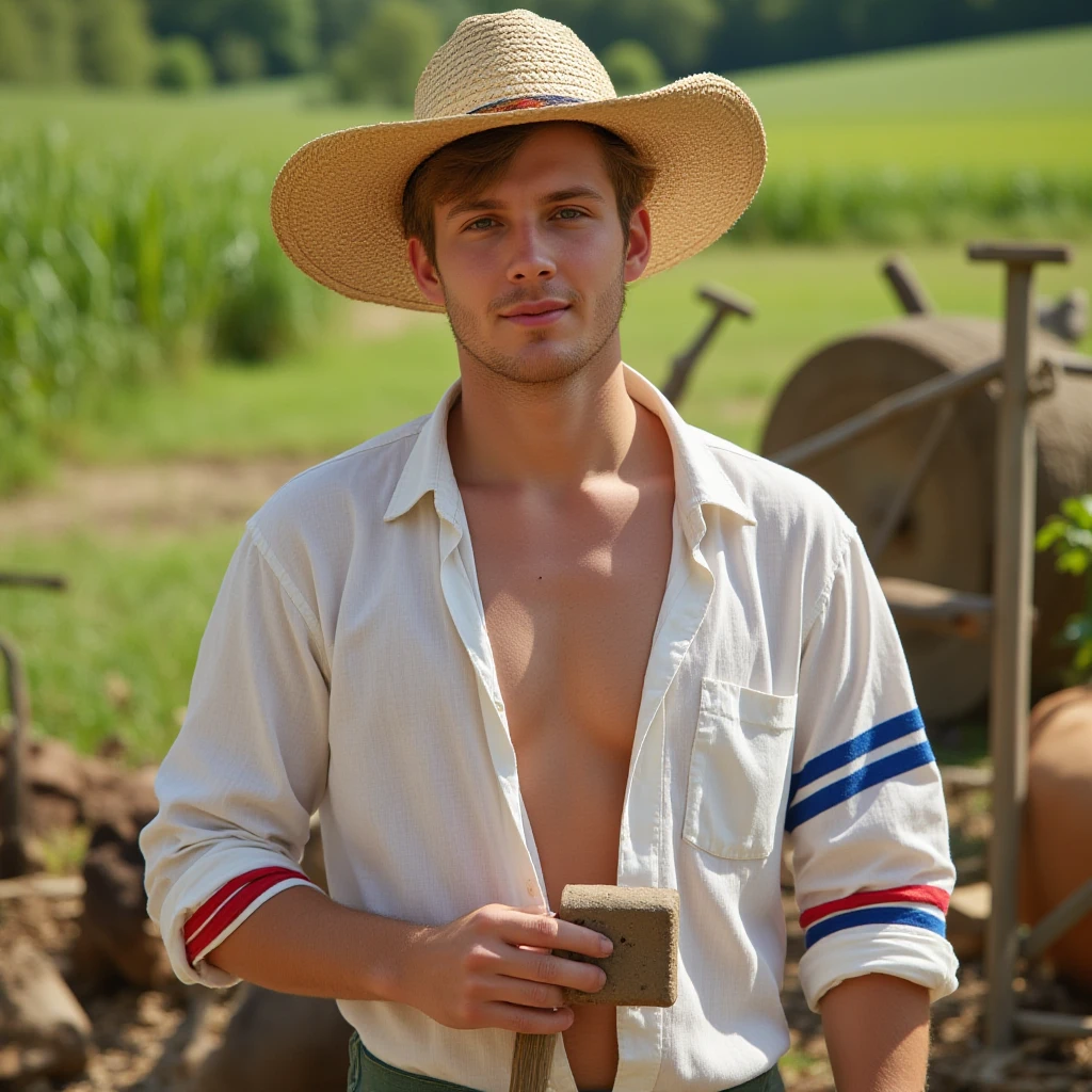 Young handsome cute white white skin soft skinny beautiful face  in a corn field picking corn in a basket cute  butt big 